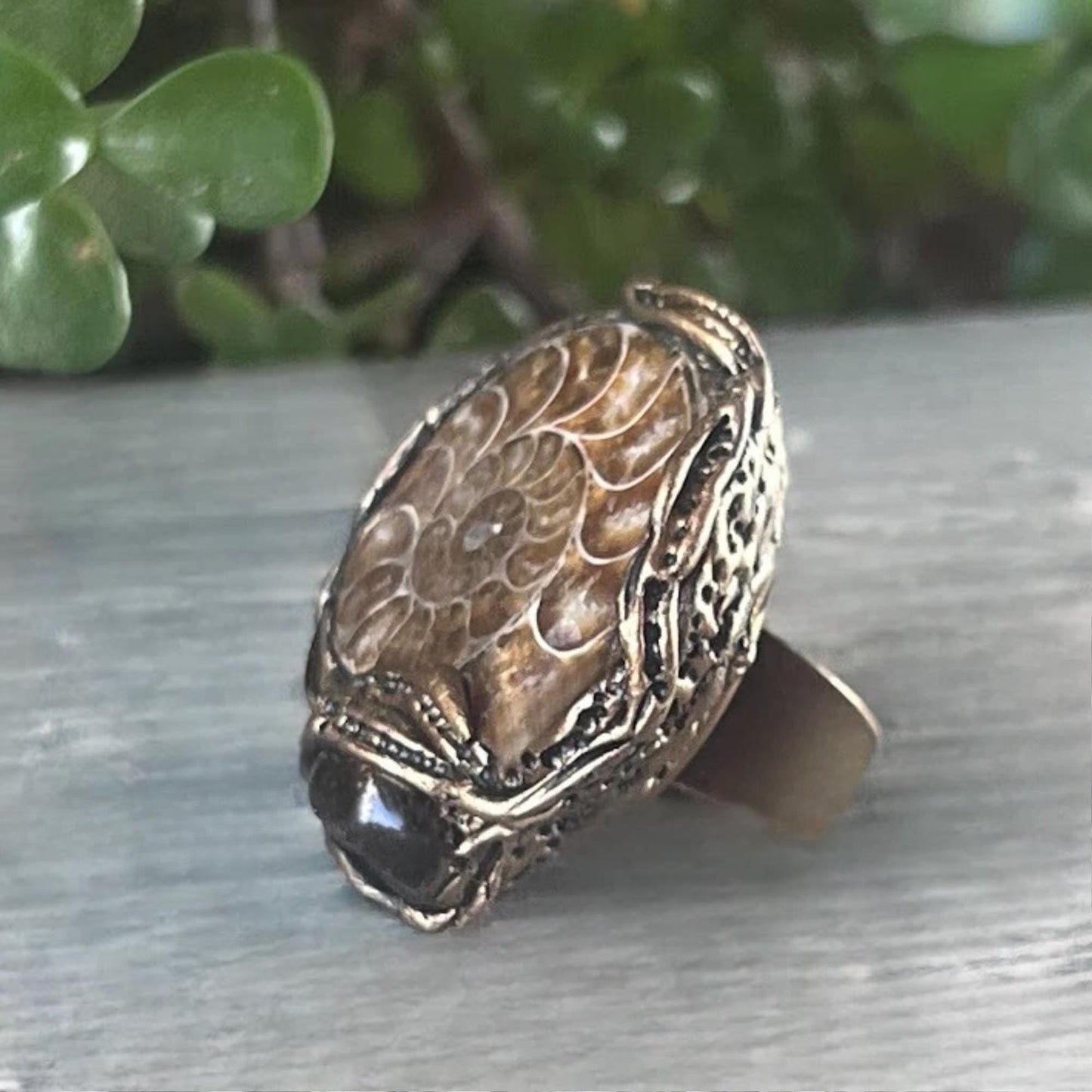 Chunky Amber and Ammonite Fossil Ring -  Bold Organic Statement Piece