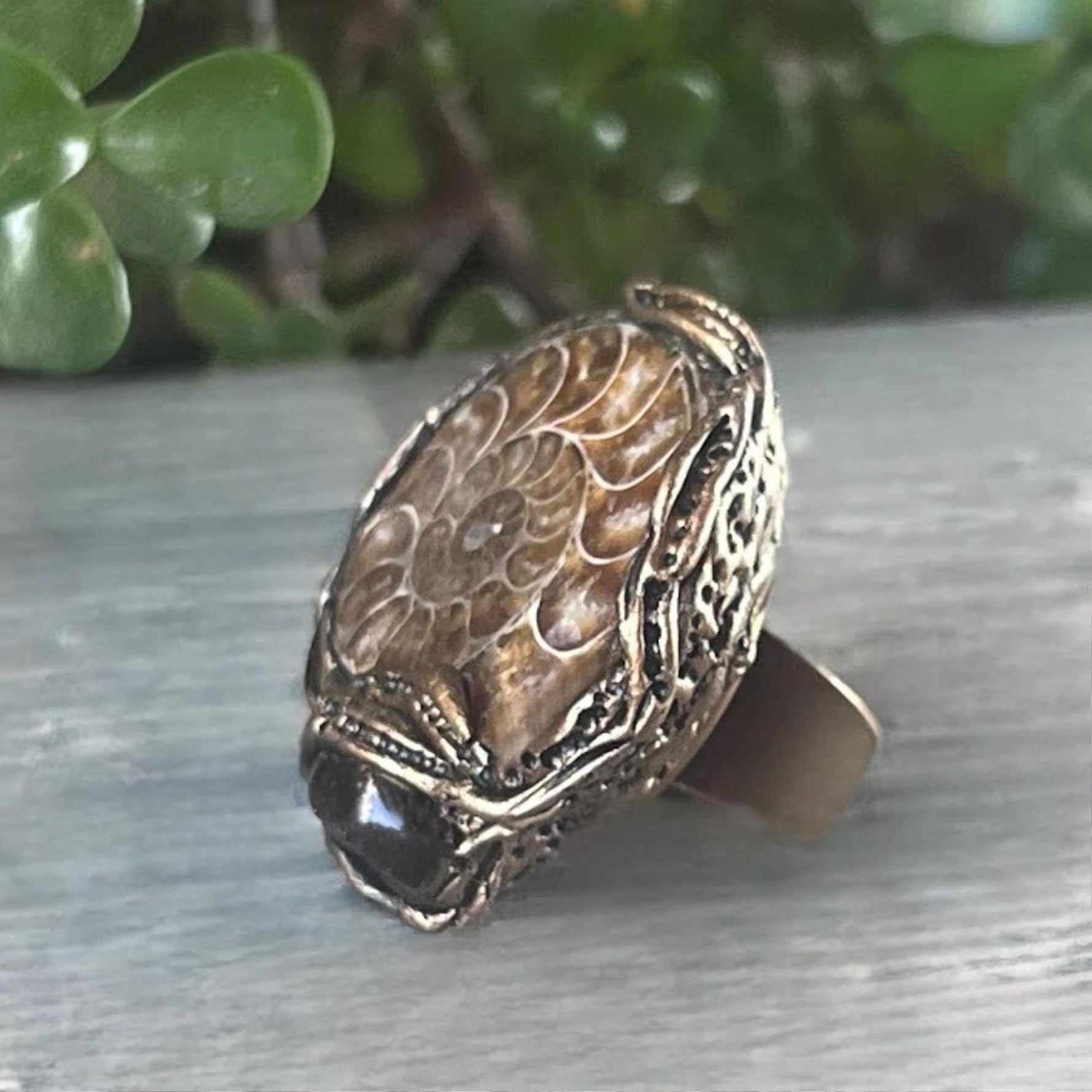 Chunky Amber and Ammonite Fossil Ring -  Bold Organic Statement Piece