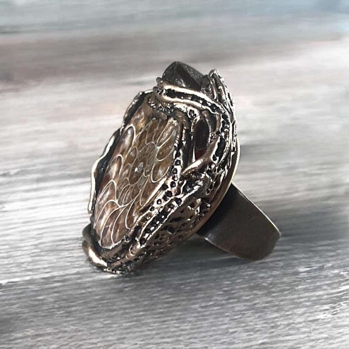 Chunky Amber and Ammonite Fossil Ring -  Bold Organic Statement Piece