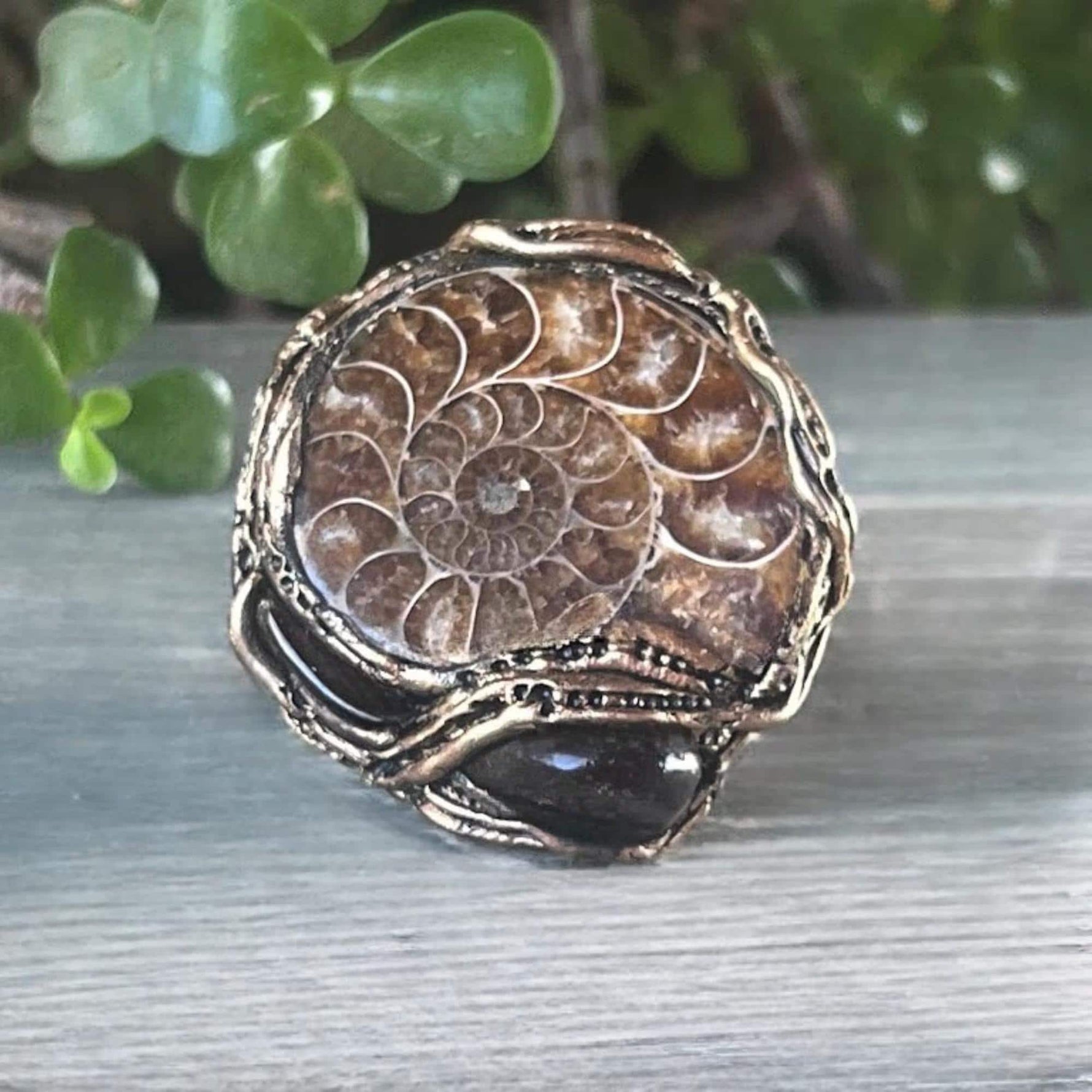 Chunky Amber and Ammonite Fossil Ring -  Bold Organic Statement Piece