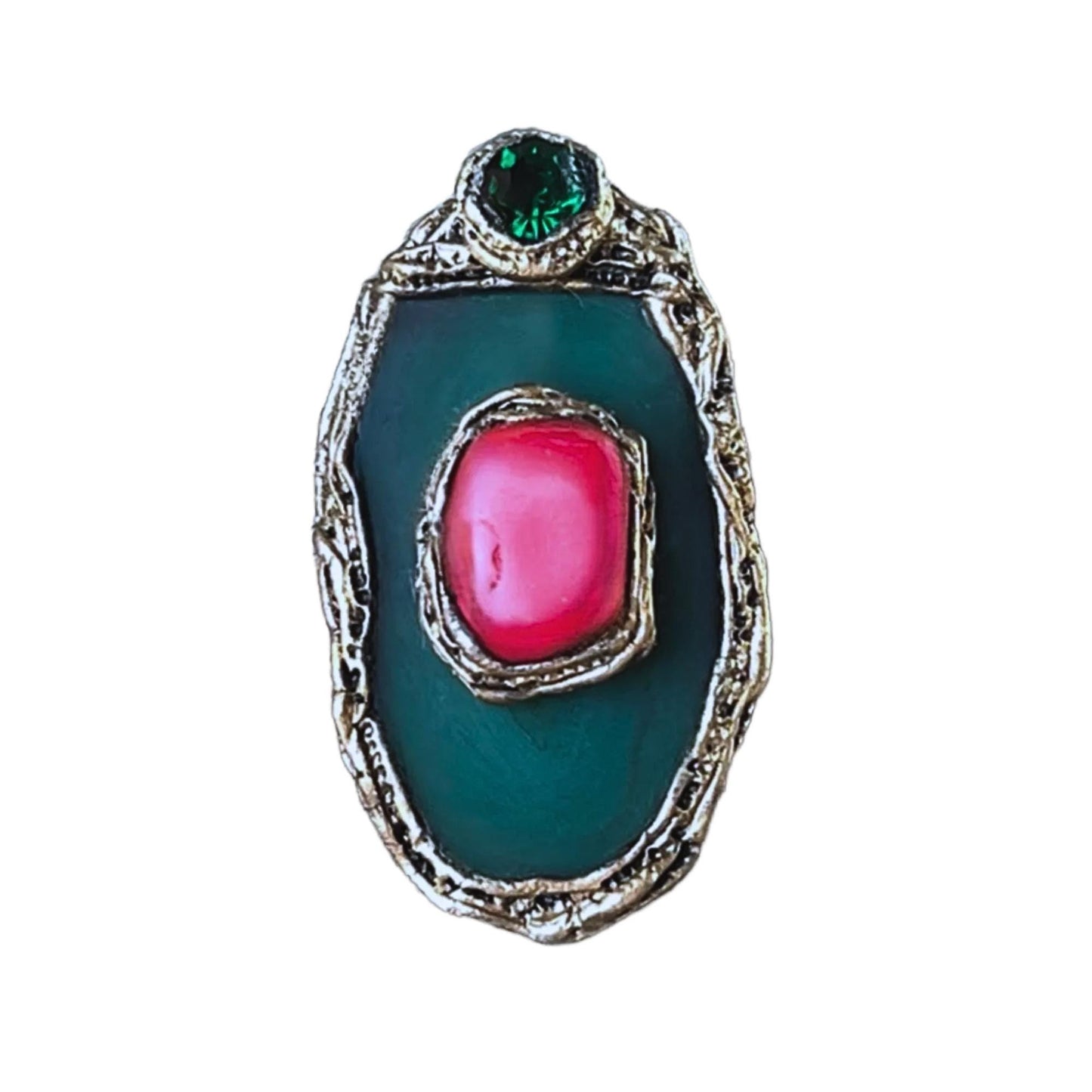 Green Agate and Red Coral Chunky Ring -  Oversized Statement Cocktail Ring