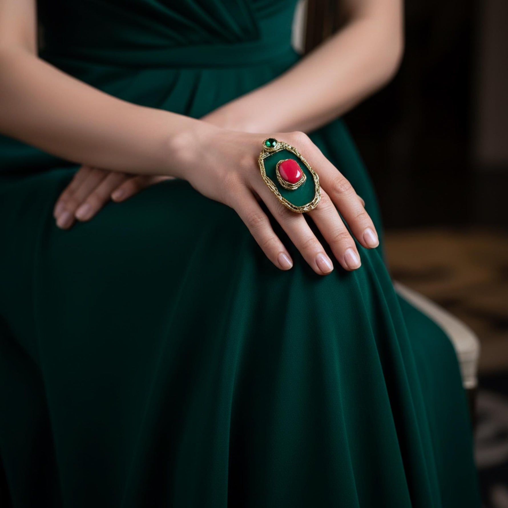 Green Agate and Red Coral Chunky Ring -  Oversized Statement Cocktail Ring