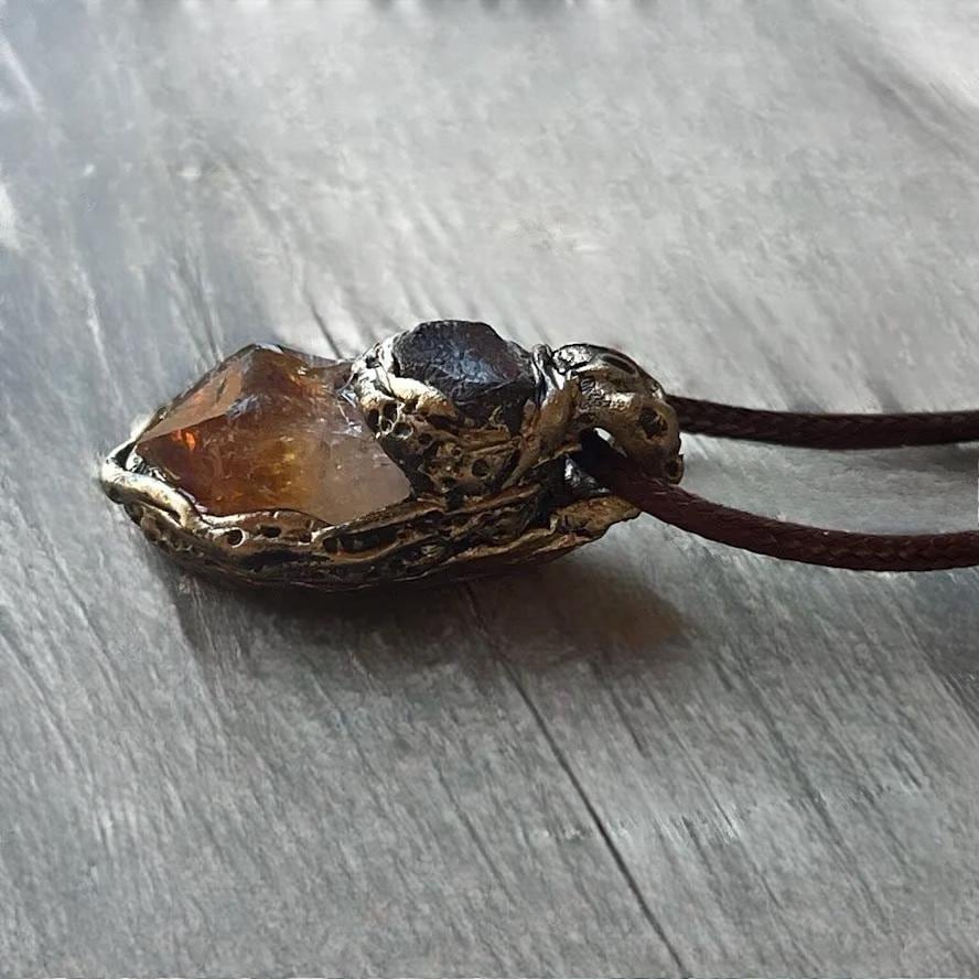 Citrine Crystal Pendant Necklace with Raw Carnelian