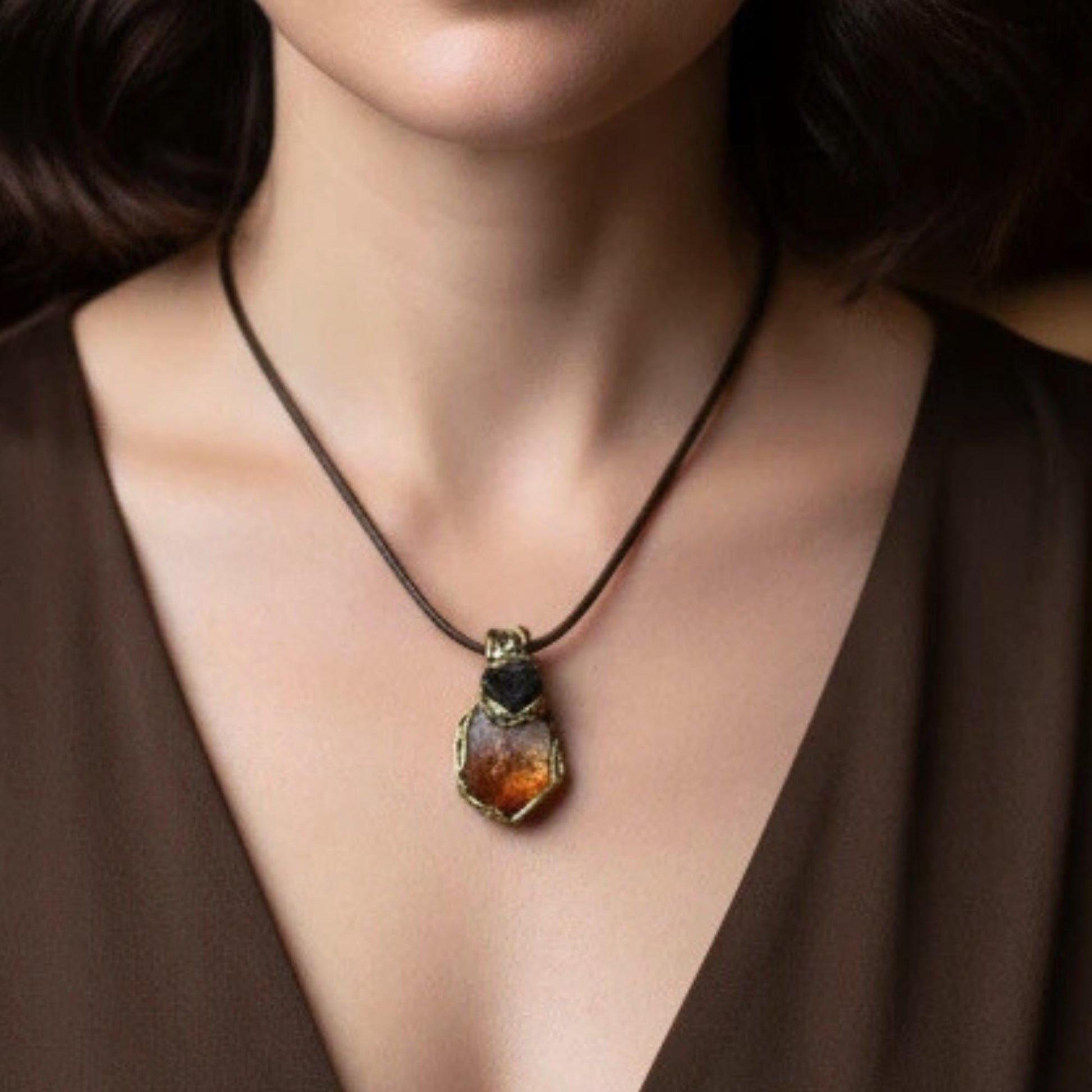 Citrine Crystal Pendant Necklace with Raw Carnelian