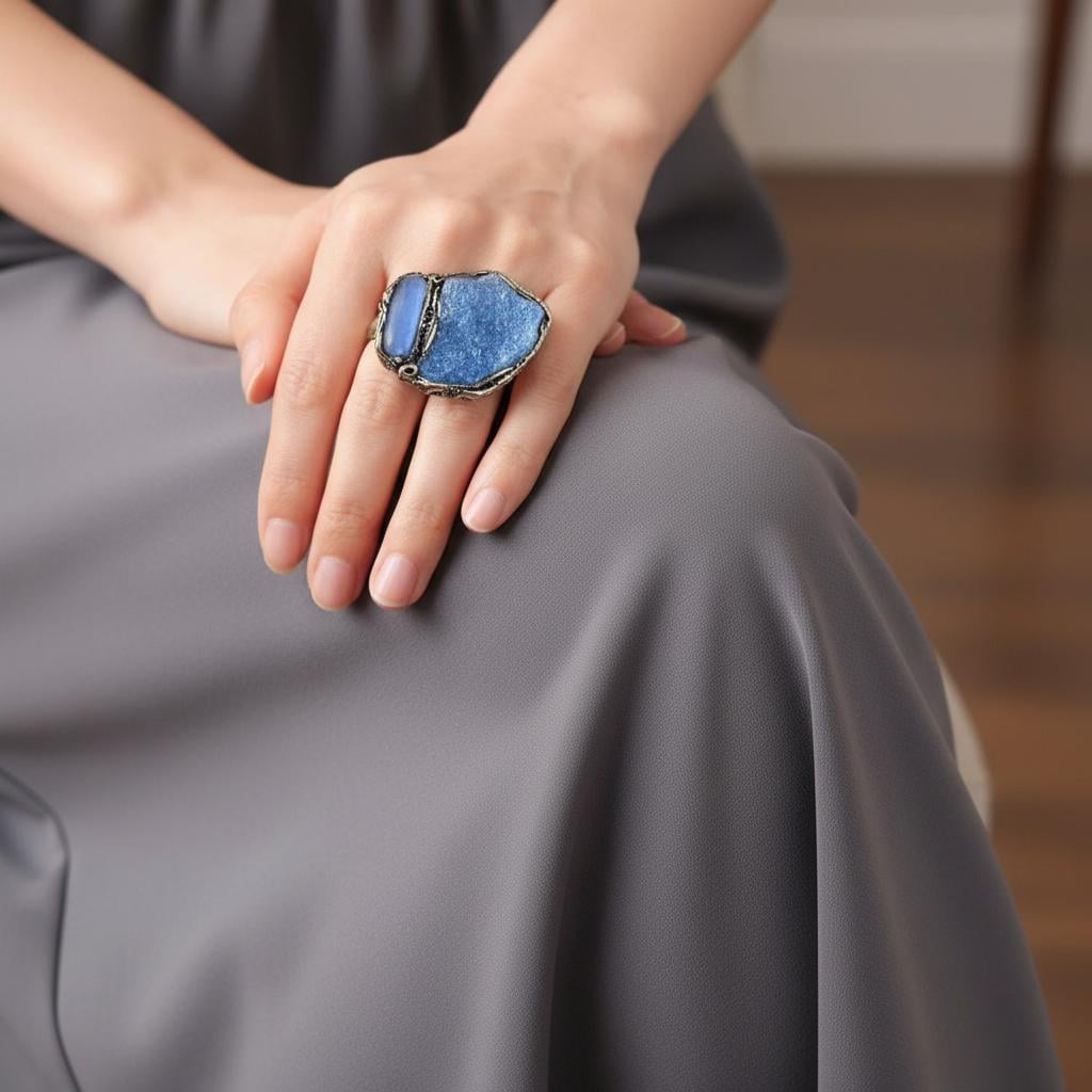 Aventurine and Onyx Blue Stone Ring Chunky Large Statement Cocktail Ring