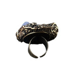 Large Blue Aventurine and Blue Onyx statement ring with two natural blue stones in a handcrafted sculptural setting.