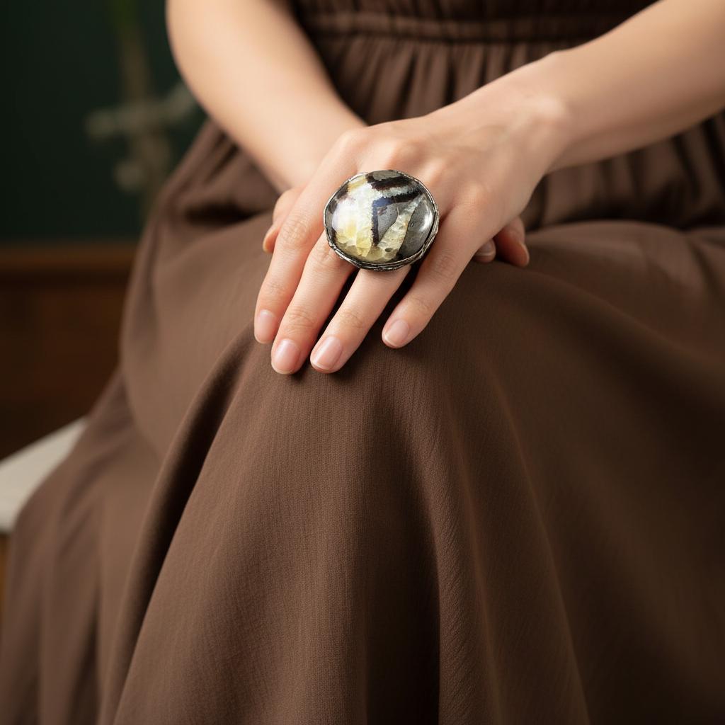 Chunky Septarian Stone Ring -  Oversized Round Cocktail Ring