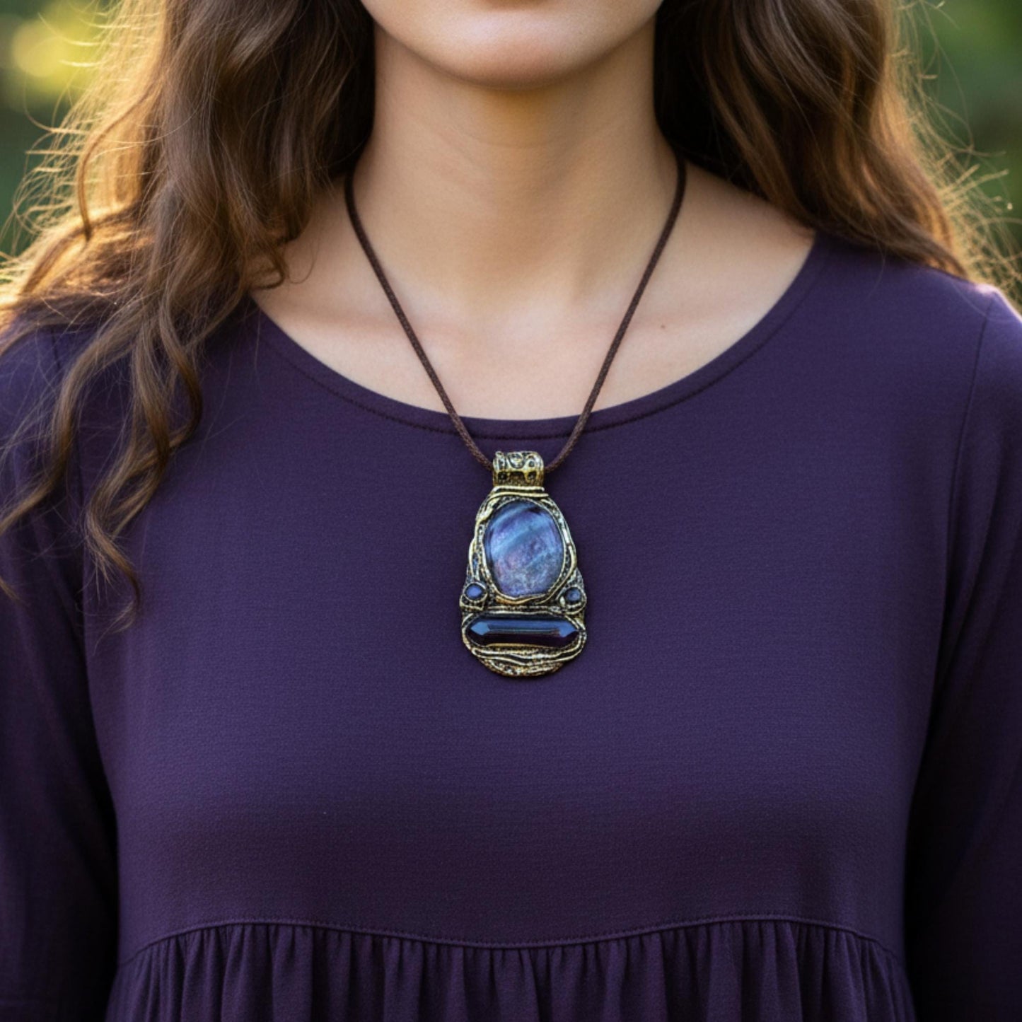 Fluorite and Amethyst Pendant Necklace -  Purple Crystal Amulet
