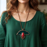 Green Agate and Red Coral Chunky Ring -  Oversized Statement Cocktail Ring