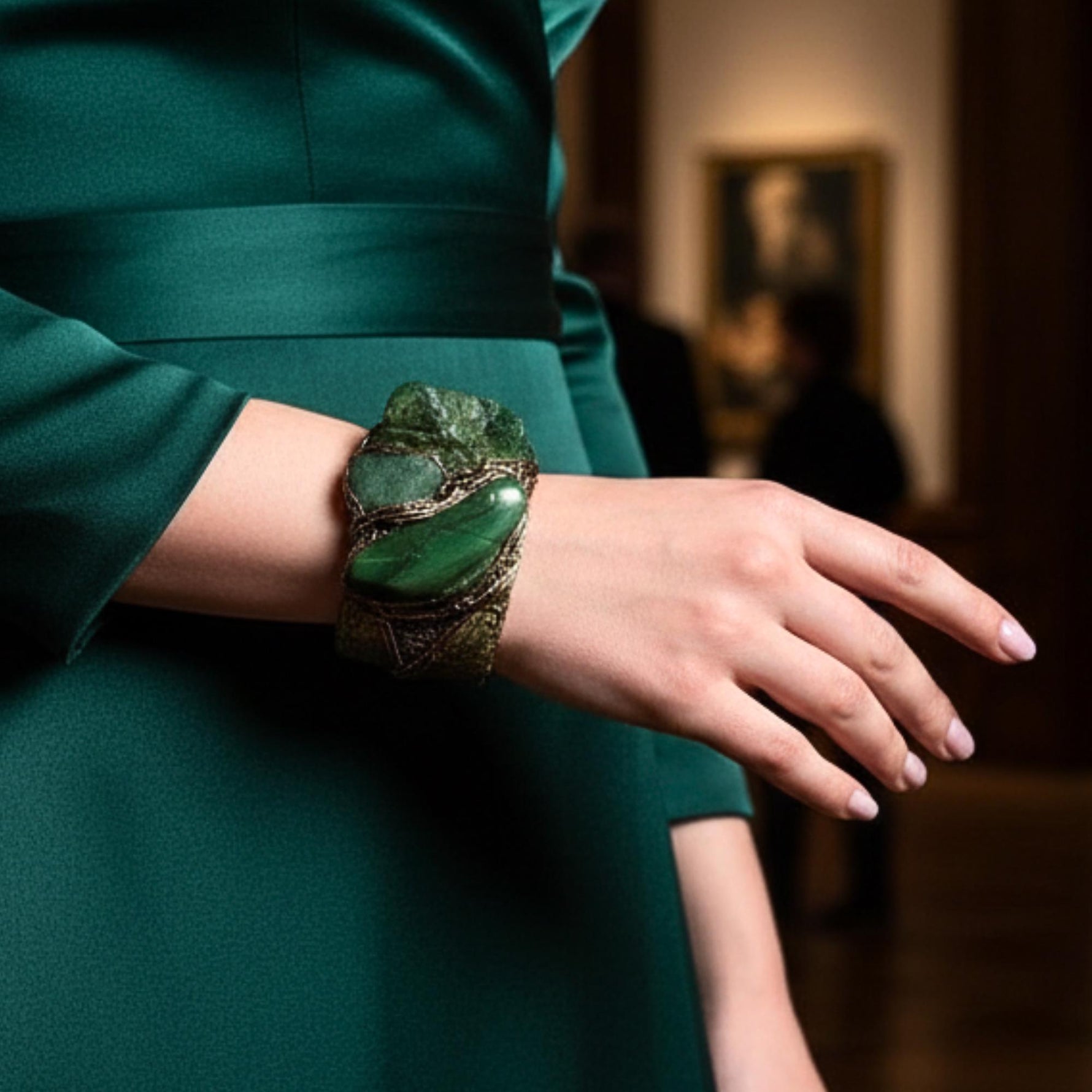Buddstone and Aventurine Wide Cuff - Green Stone Statement Bracelet