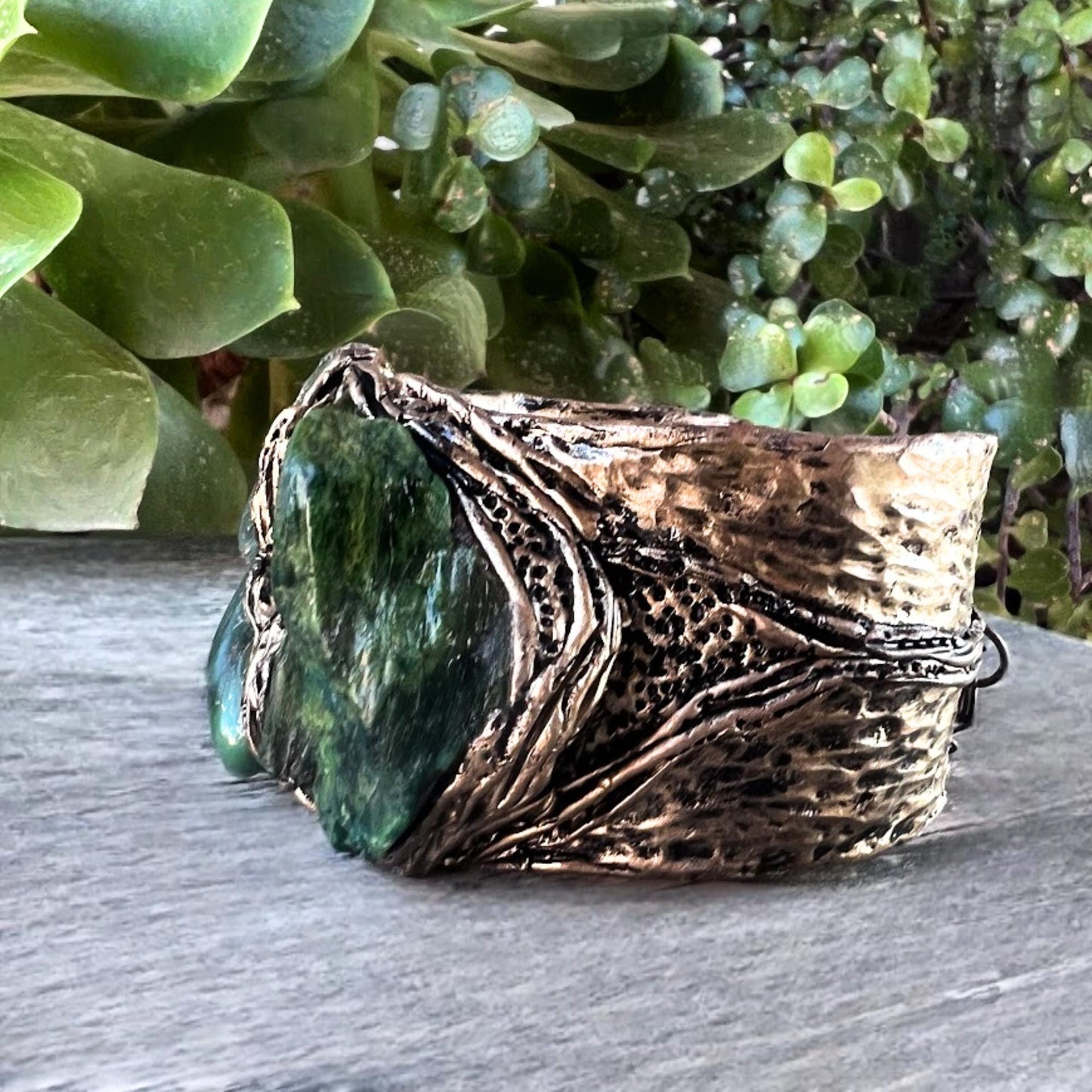 Buddstone and Aventurine Wide Cuff - Green Stone Statement Bracelet