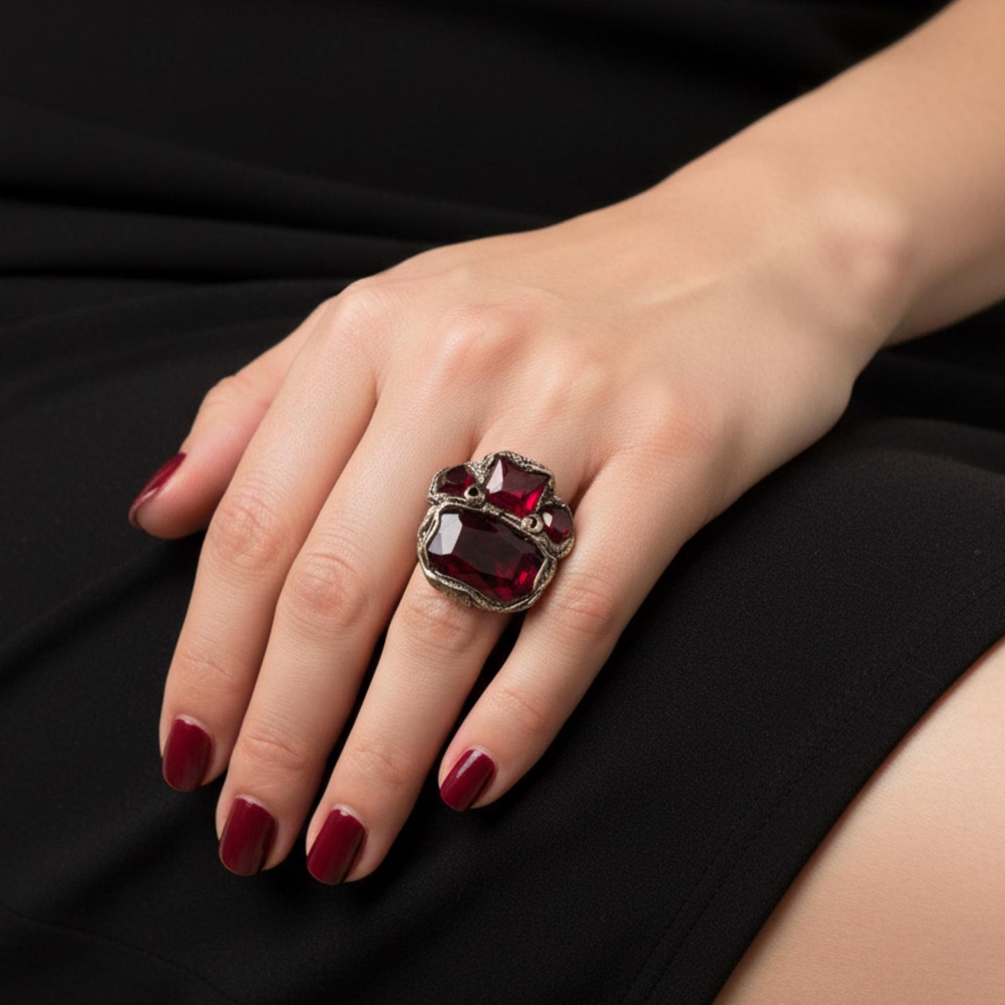 Dark Red Crystal Statement Cocktail Ring with Garnet Cubic Zirconia