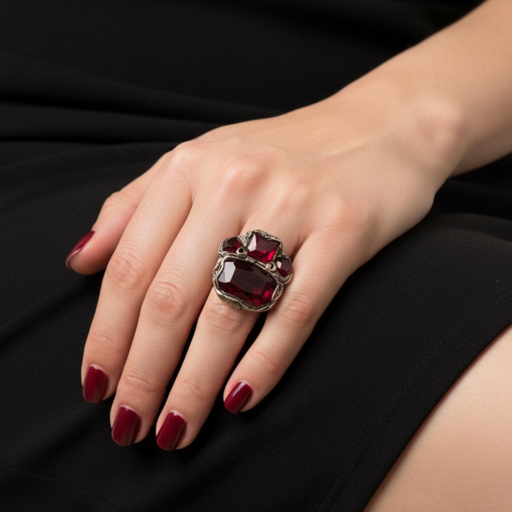 Dark Red Crystal Statement Cocktail Ring with Garnet Cubic Zirconia
