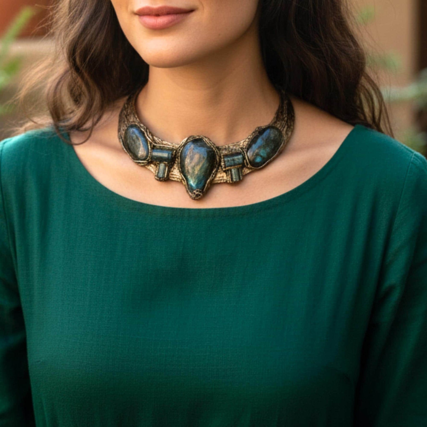 Labradorite and Prehnite Chunky Choker Necklace Statement Special Event Jewelry