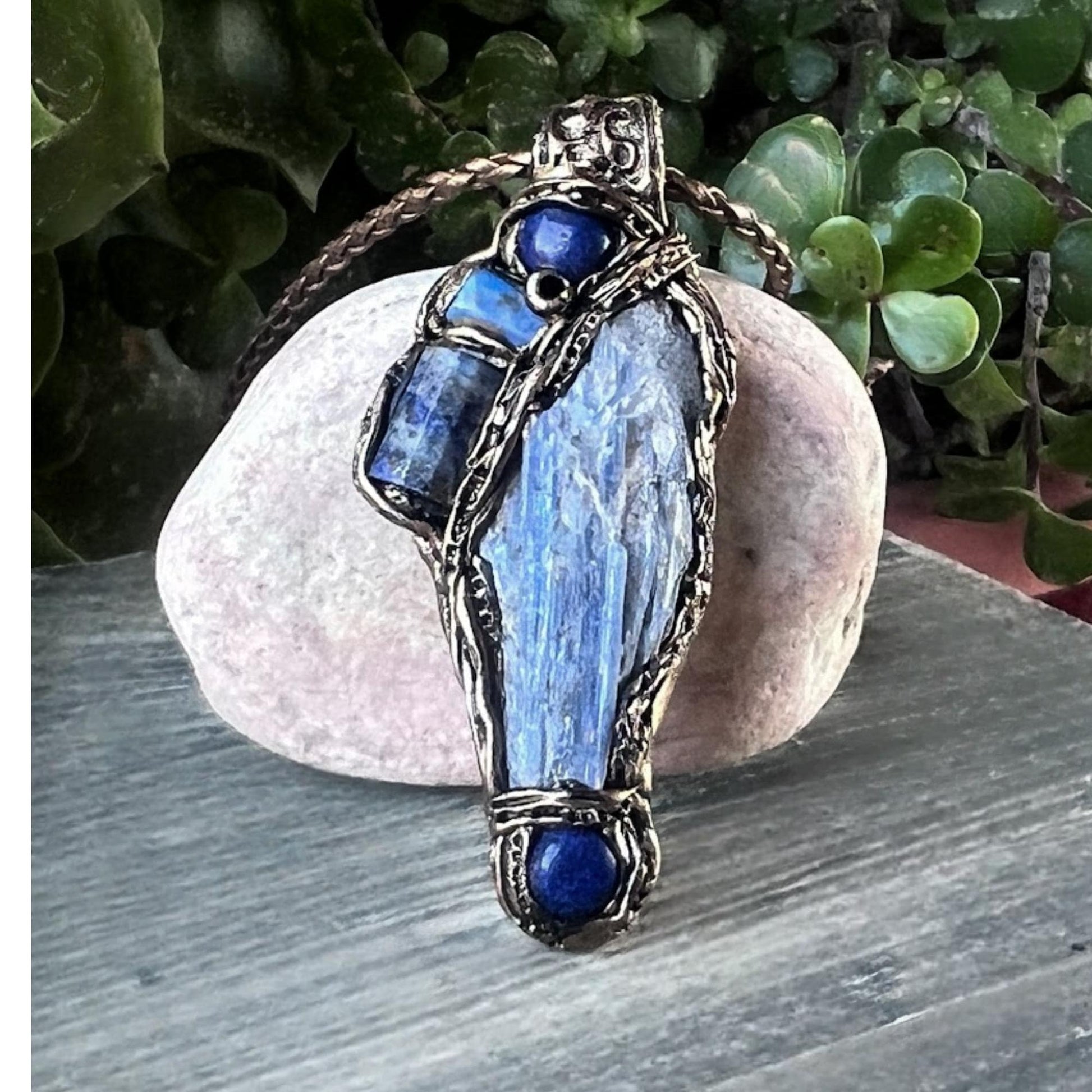 Blue Kyanite and Lapis Lazuli Raw Healing Stone Amulet Necklace