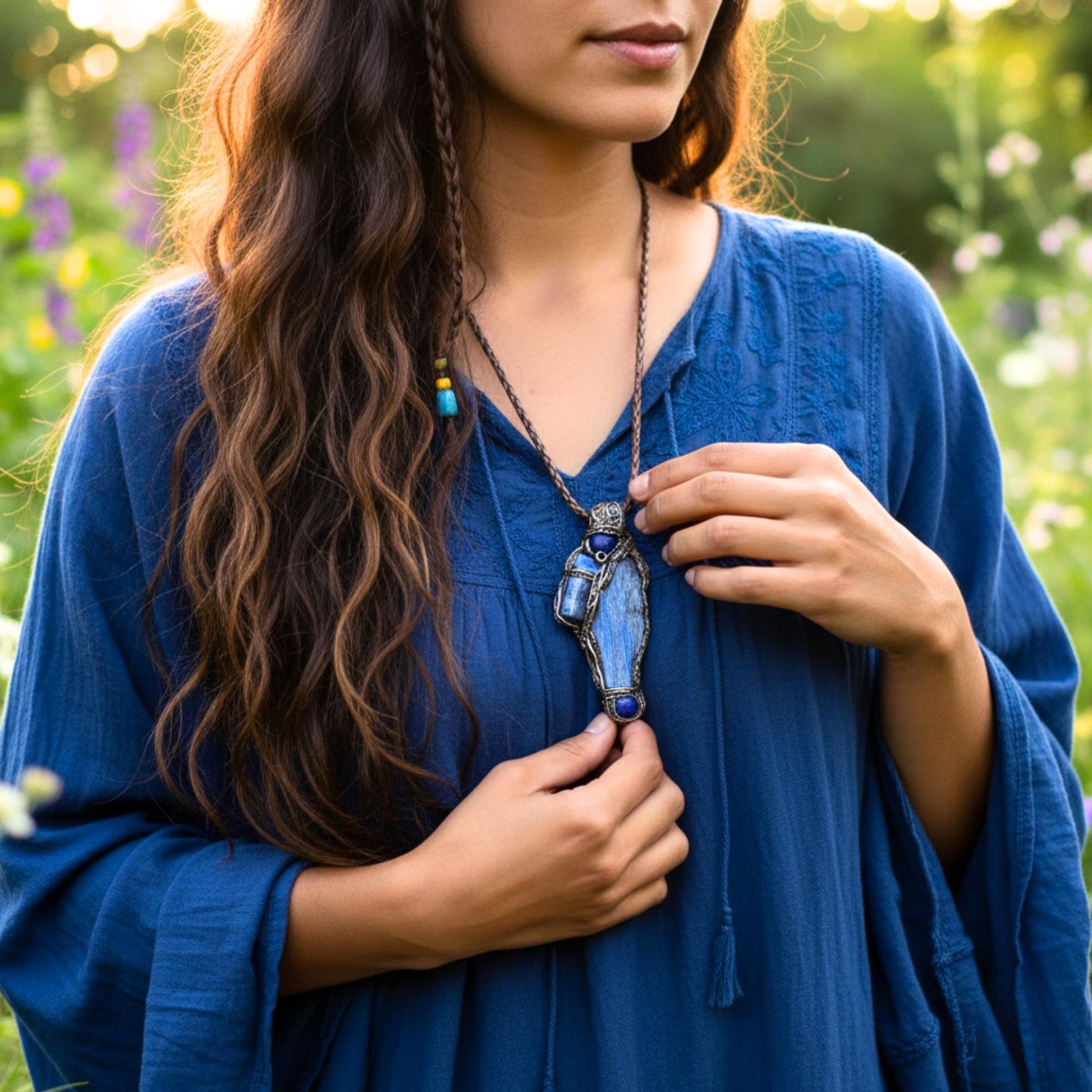 Blue Kyanite and Lapis Lazuli Raw Healing Stone Amulet Necklace