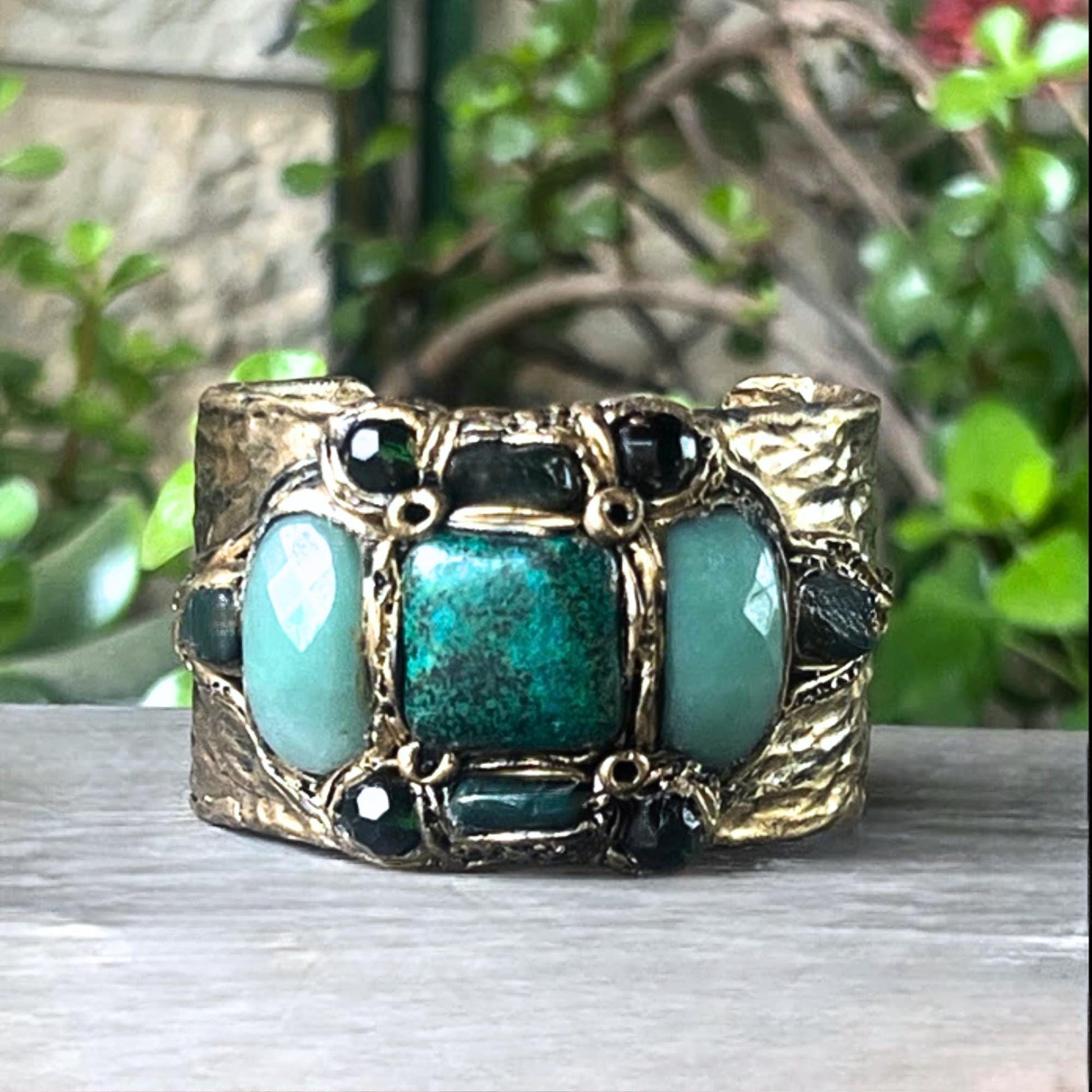 Aventurine and Chrysocolla Wide Cuff - Green Stone Statement Bracelet