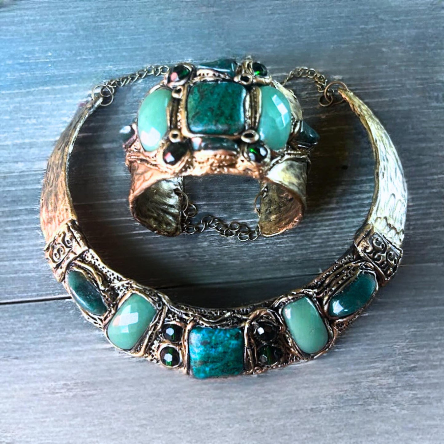 Aventurine and Chrysocolla Wide Cuff - Green Stone Statement Bracelet