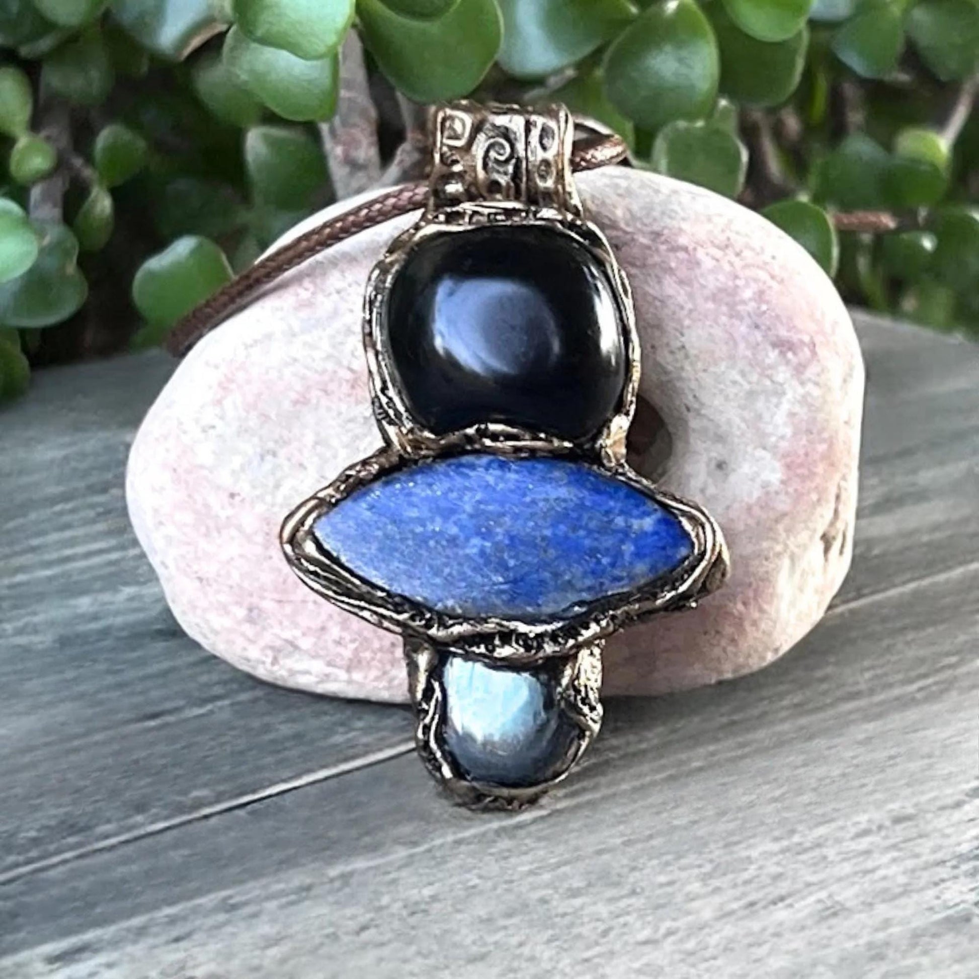 Obsidian Lapis Lazuli Hematite Pendant Necklace -  Empath Protection Crystal Amulet