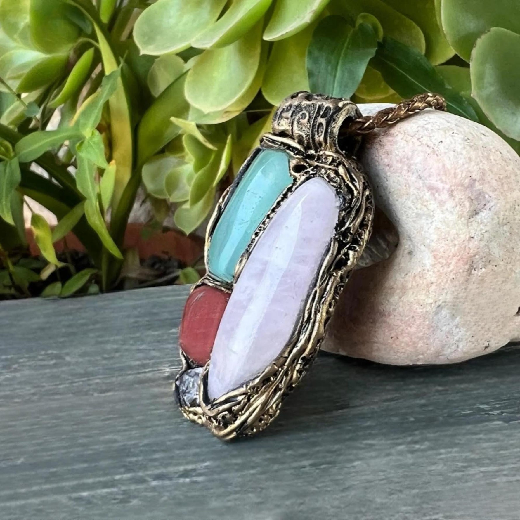 Rose Quartz Cherry Quartz Onyx Pendant Necklace Pink Green Crystal Amulet