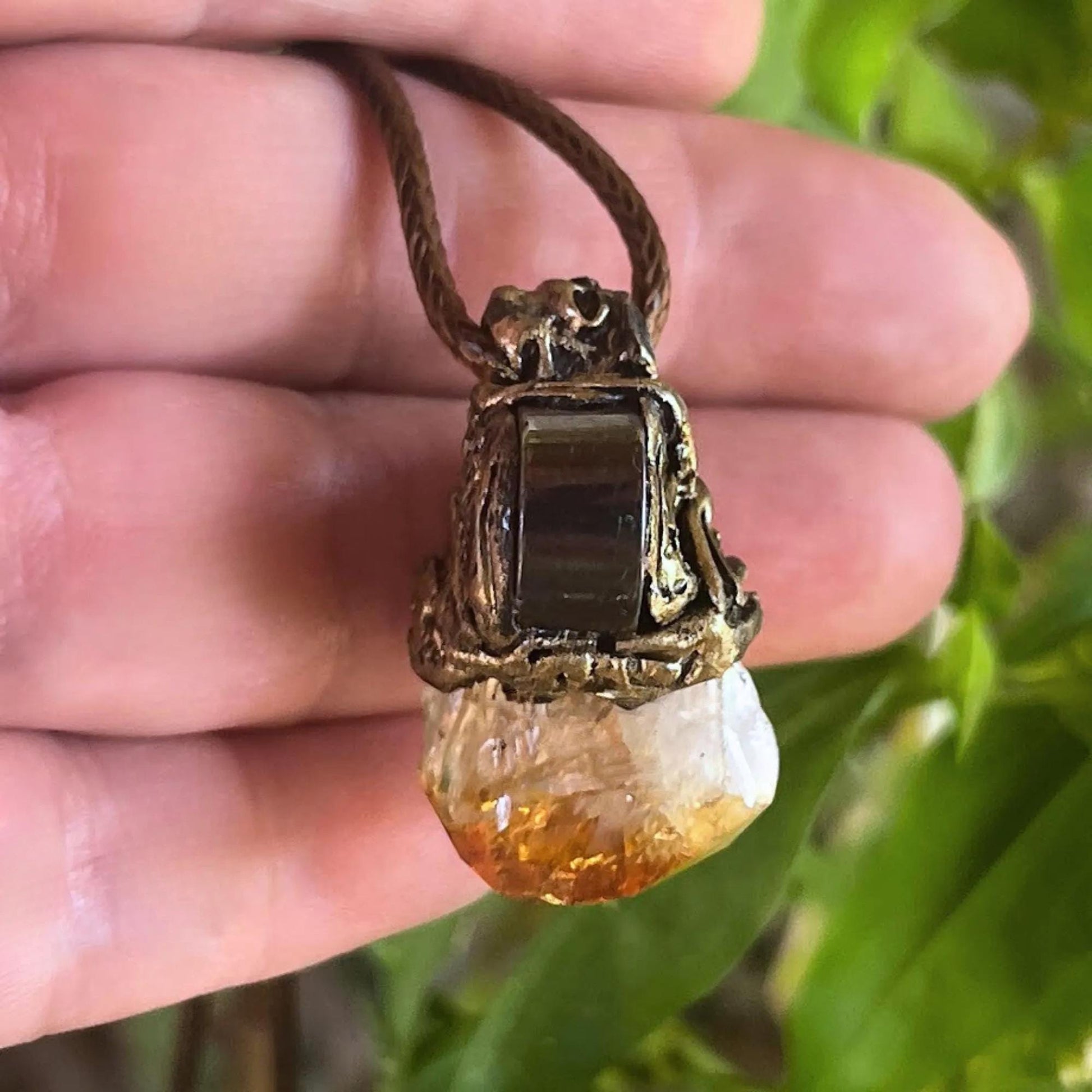 Citrine and Hematite Pendant -  Raw Crystal Amulet Necklace