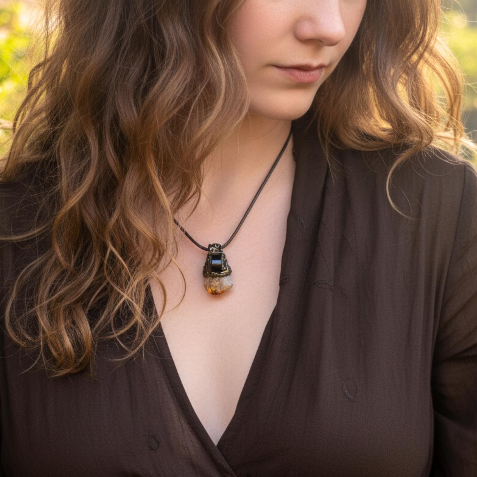Citrine and Hematite Pendant -  Raw Crystal Amulet Necklace