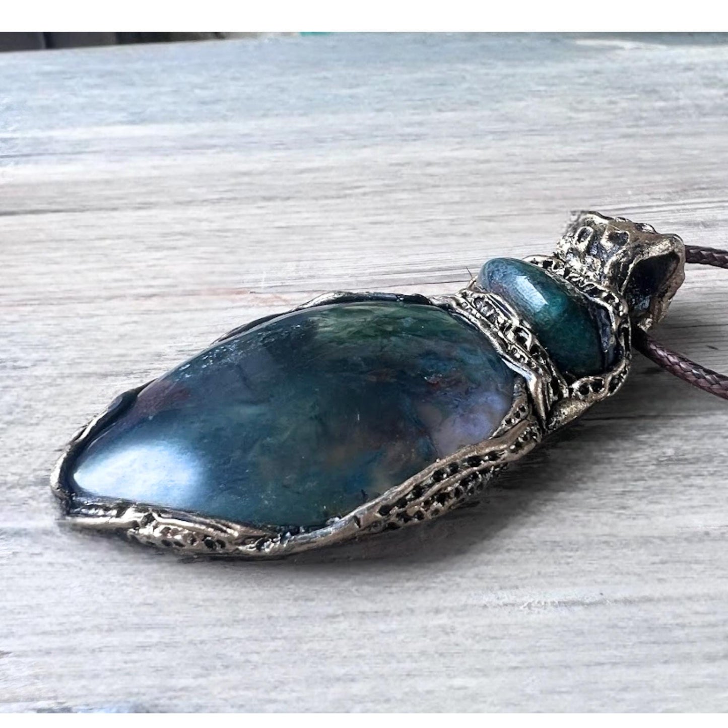 Moss Agate and Jade Statement Necklace -  Green Crystal Amulet