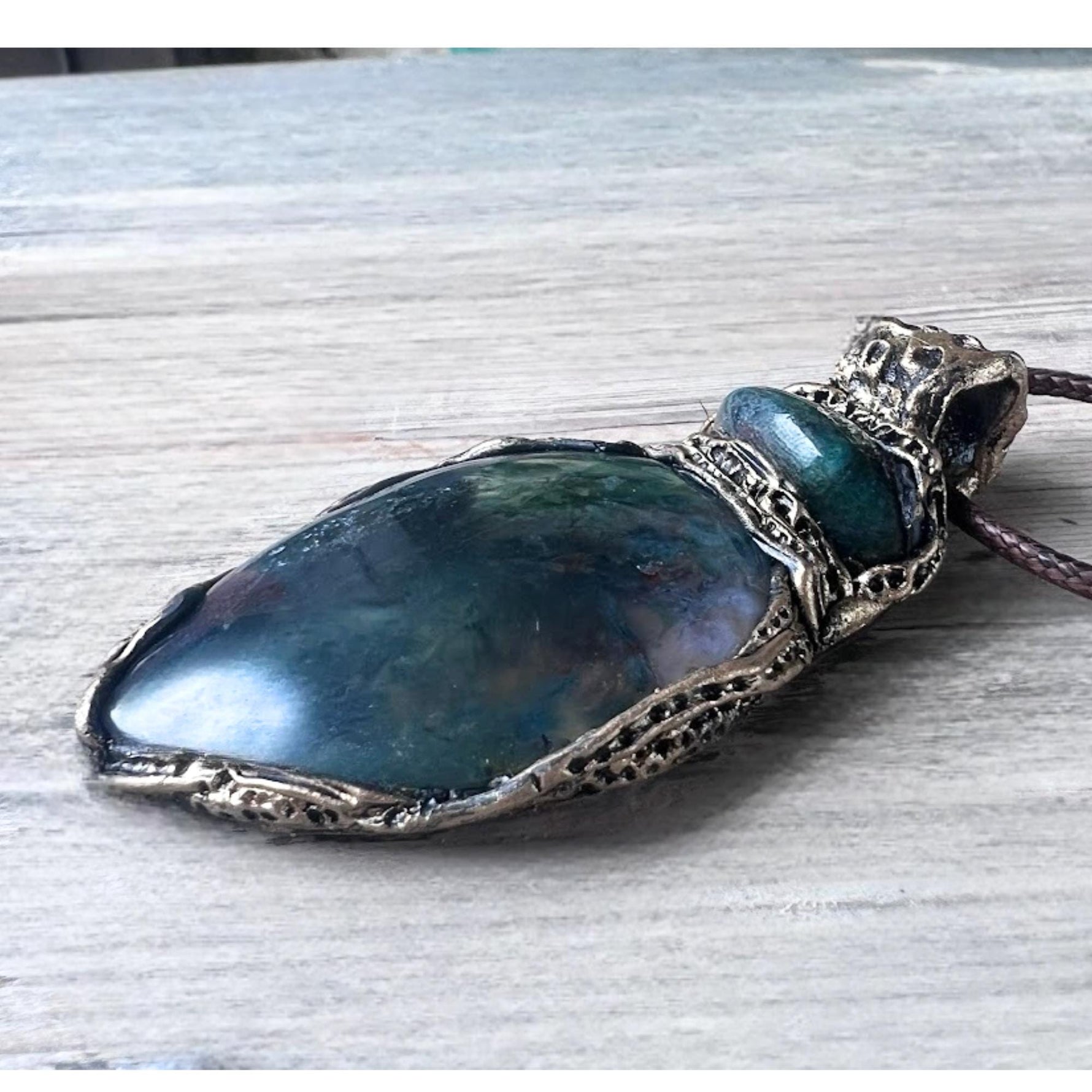 Moss Agate and Jade Statement Necklace -  Green Crystal Amulet