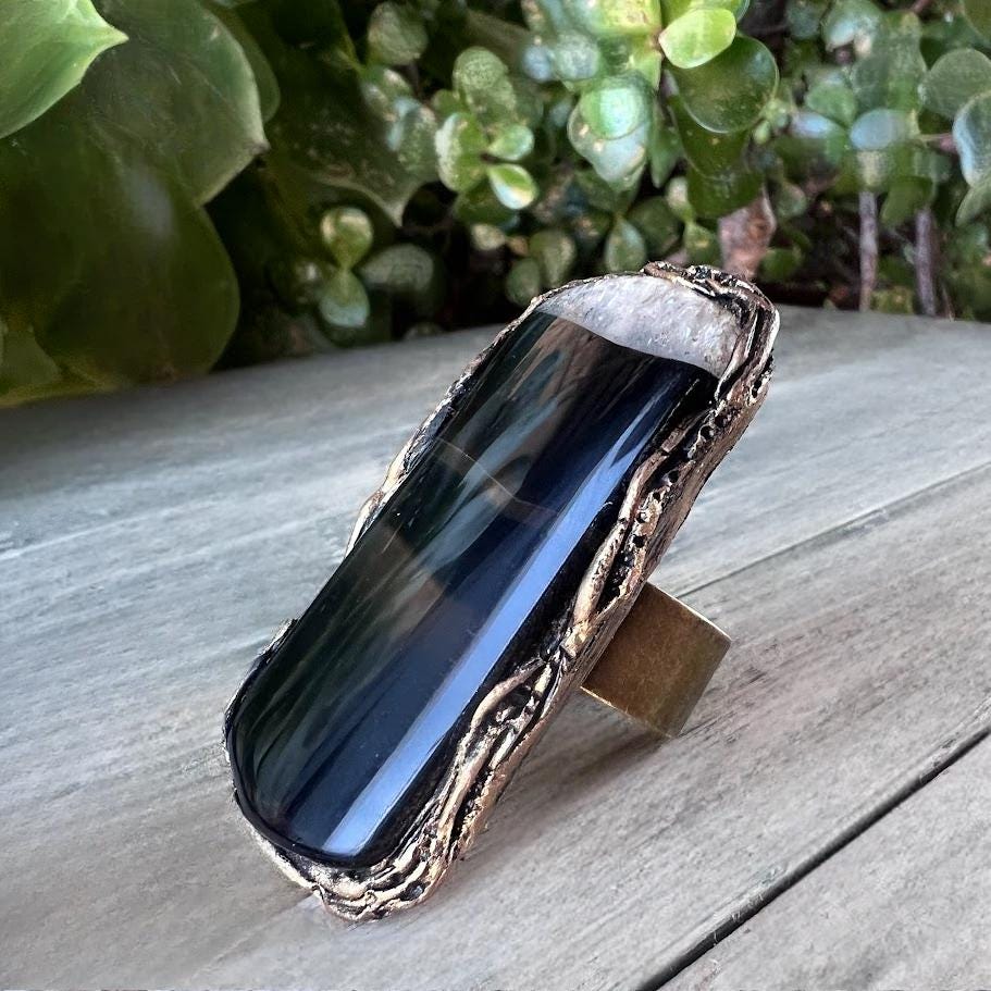 Black Onyx Full Finger Ring Chunky Cocktail Oversized Rectangle Ring
