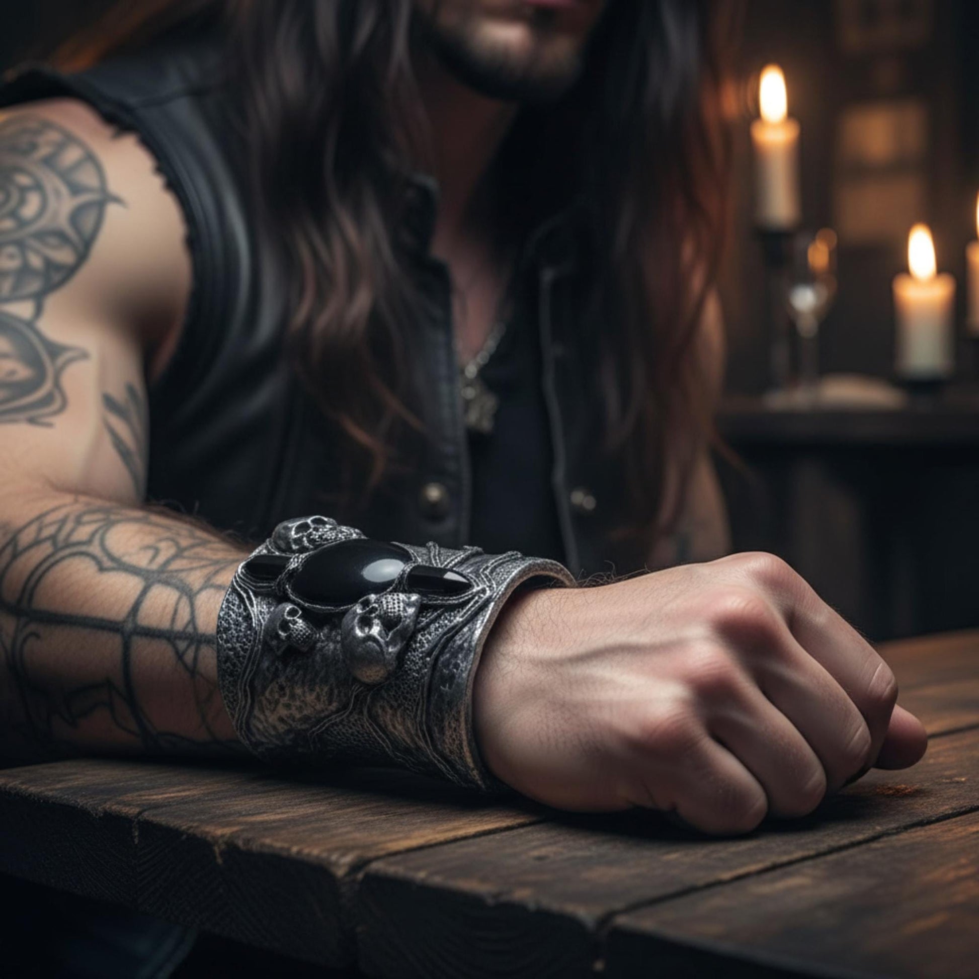 Gothic Skull Onyx Wide Cuff Bracelet -  Unique Gothic Wedding Jewelry