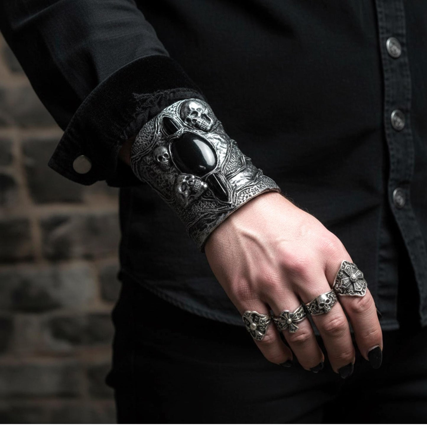 Gothic Skull Onyx Wide Cuff Bracelet -  Unique Gothic Wedding Jewelry