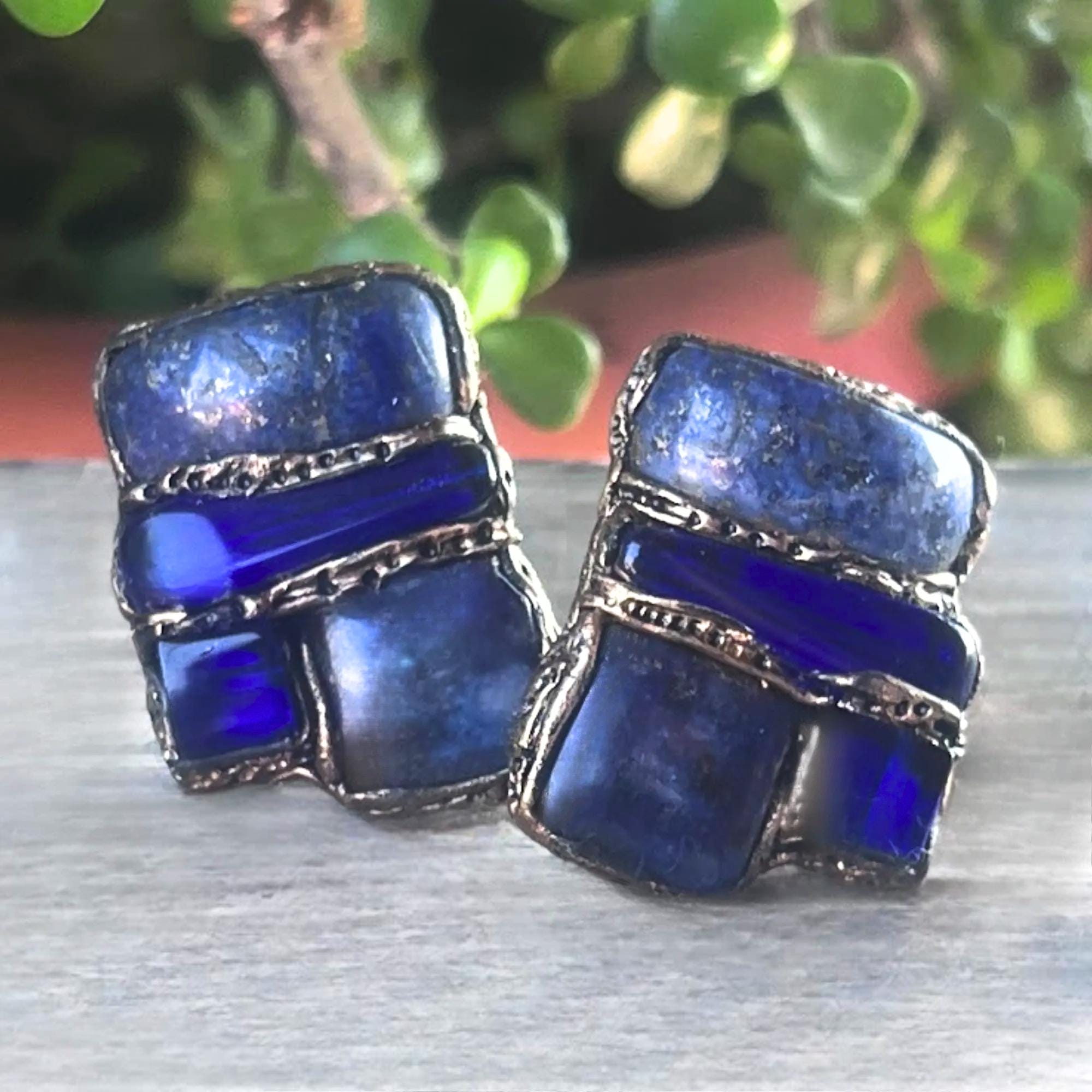 Blue Lapis Lazuli and Sodalite Statement Clip On Earrings