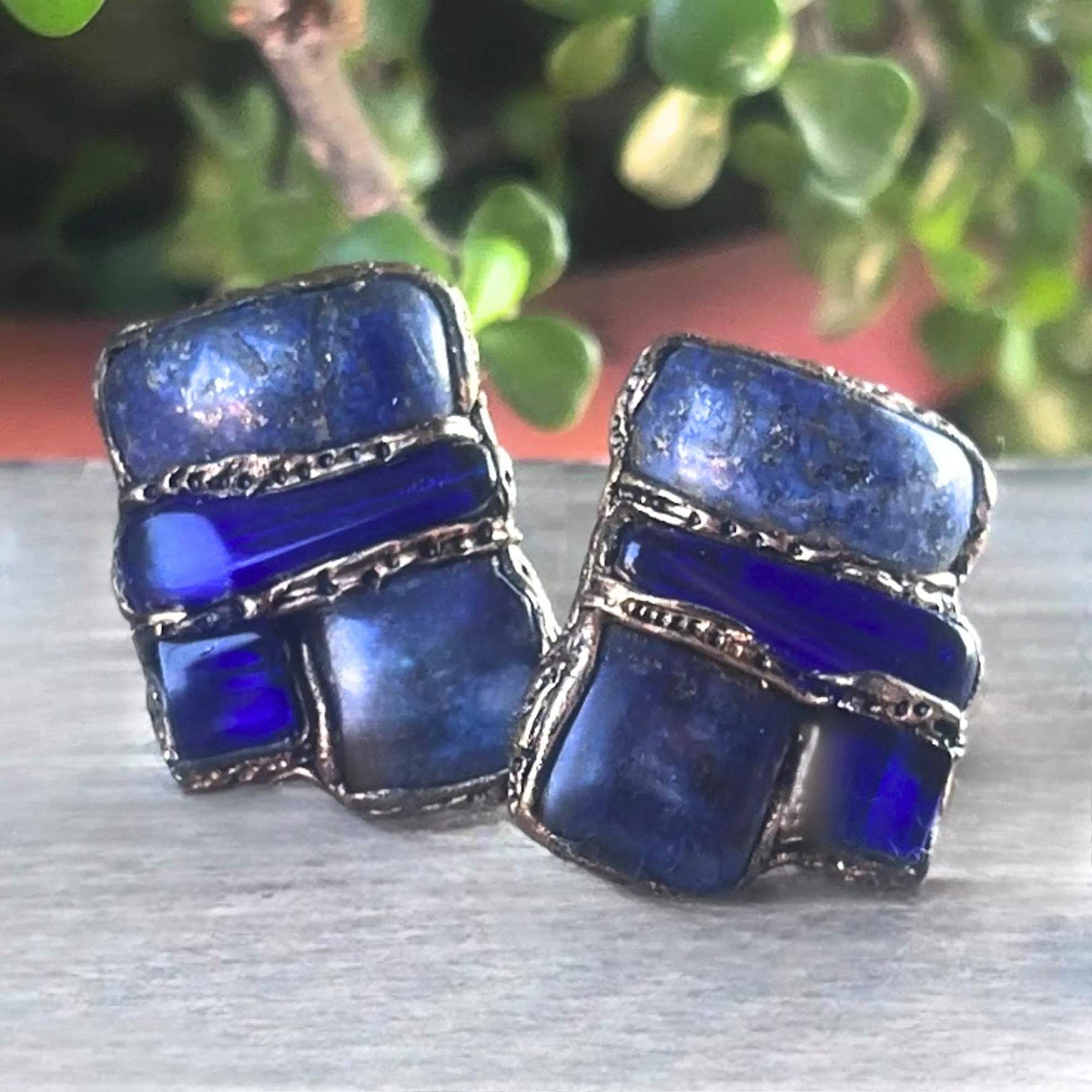 Blue Lapis Lazuli and Sodalite Statement Clip On Earrings