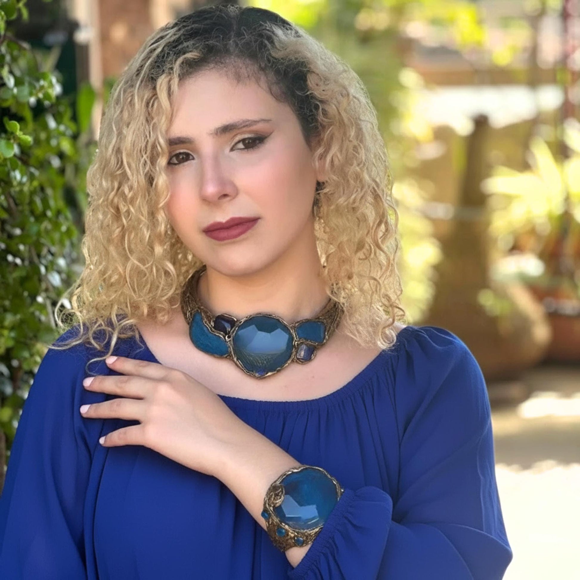 Blue Agate Stone Choker Collar Necklace Statement Bib Chunky Necklace