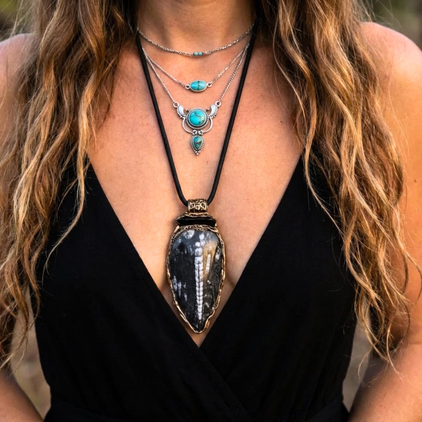 Black Onyx Pendant Beaded Necklace with Large Fossil - Bold Statement Gemstone Jewelry