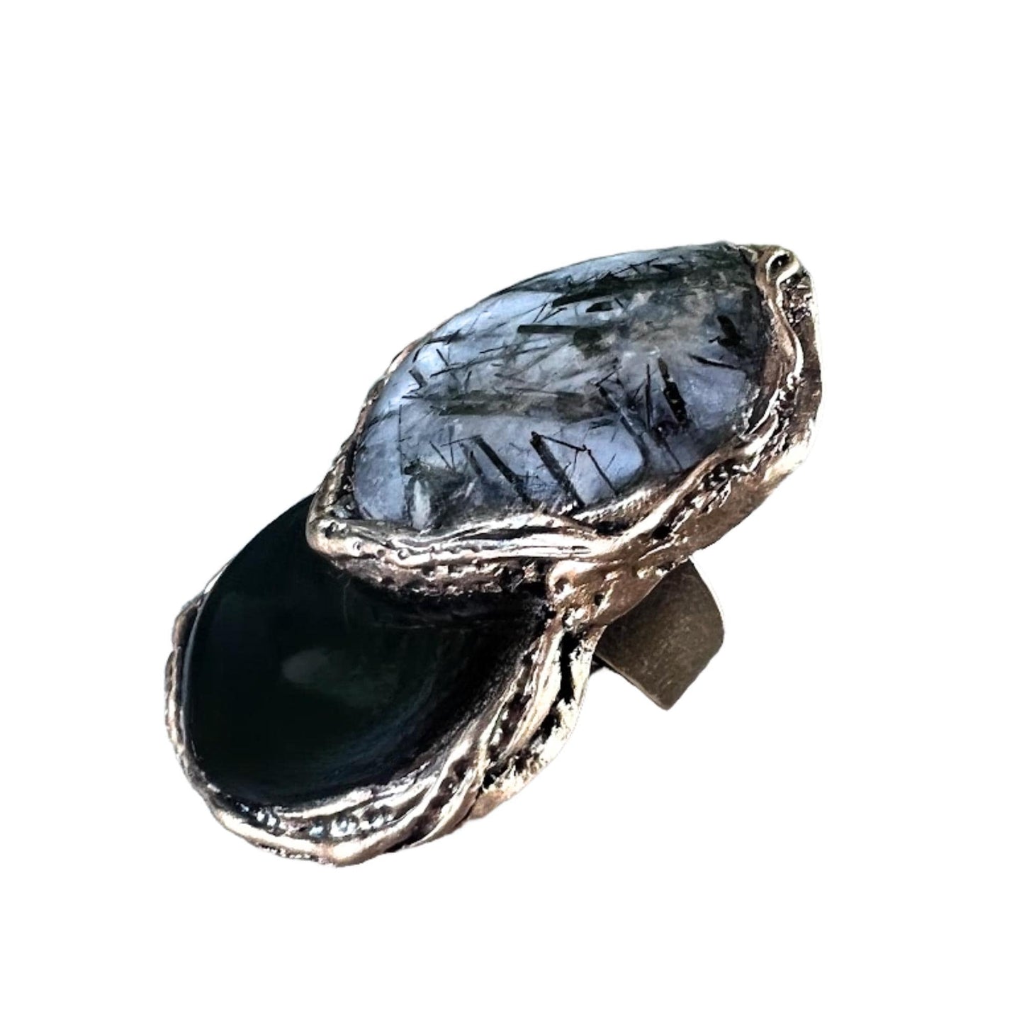 Tourmalinated Quartz and Onyx Chunky Ring -  Oversized Black Stone Modern Cocktail Ring