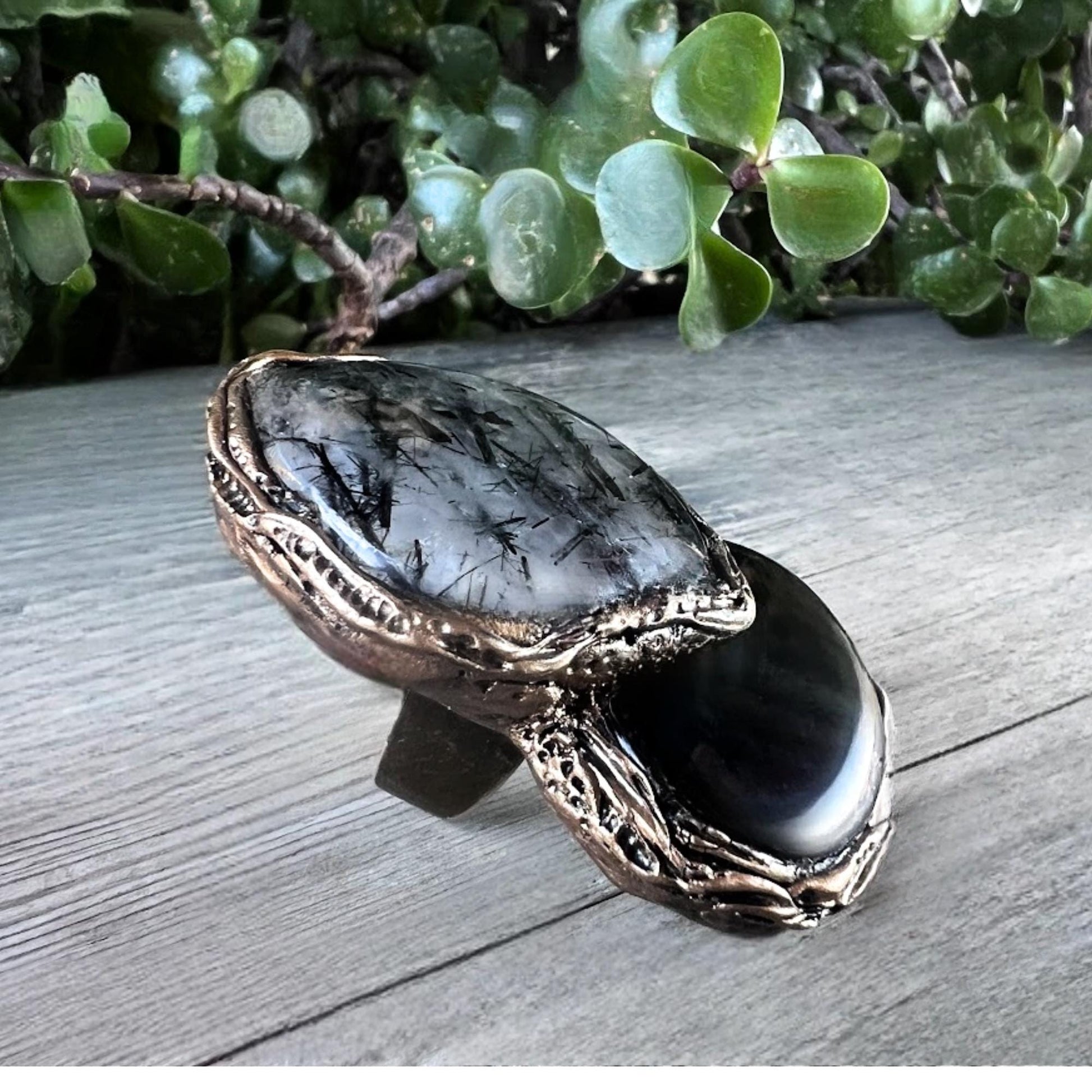 Tourmalinated Quartz and Onyx Chunky Ring -  Oversized Black Stone Modern Cocktail Ring