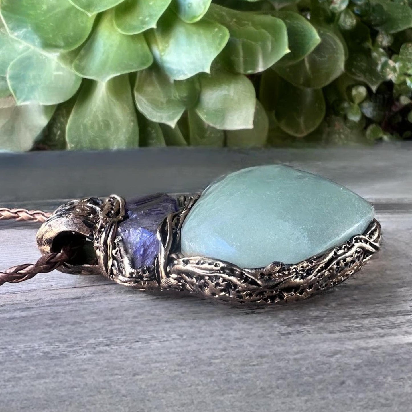 Green Aventurine Amethyst Pendant Necklace -  Large Heart Crystal Amulet