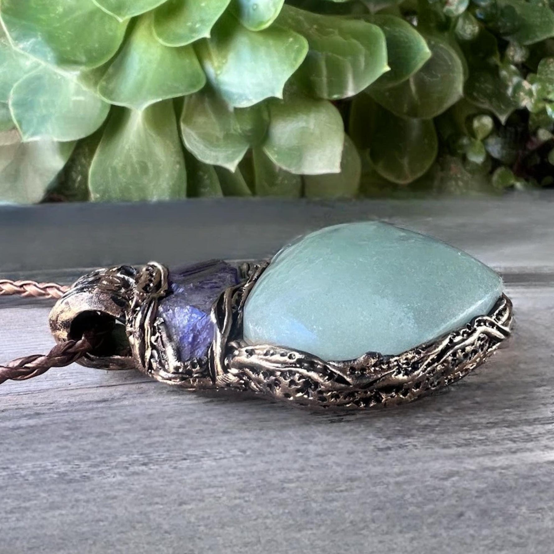 Green Aventurine Amethyst Pendant Necklace -  Large Heart Crystal Amulet