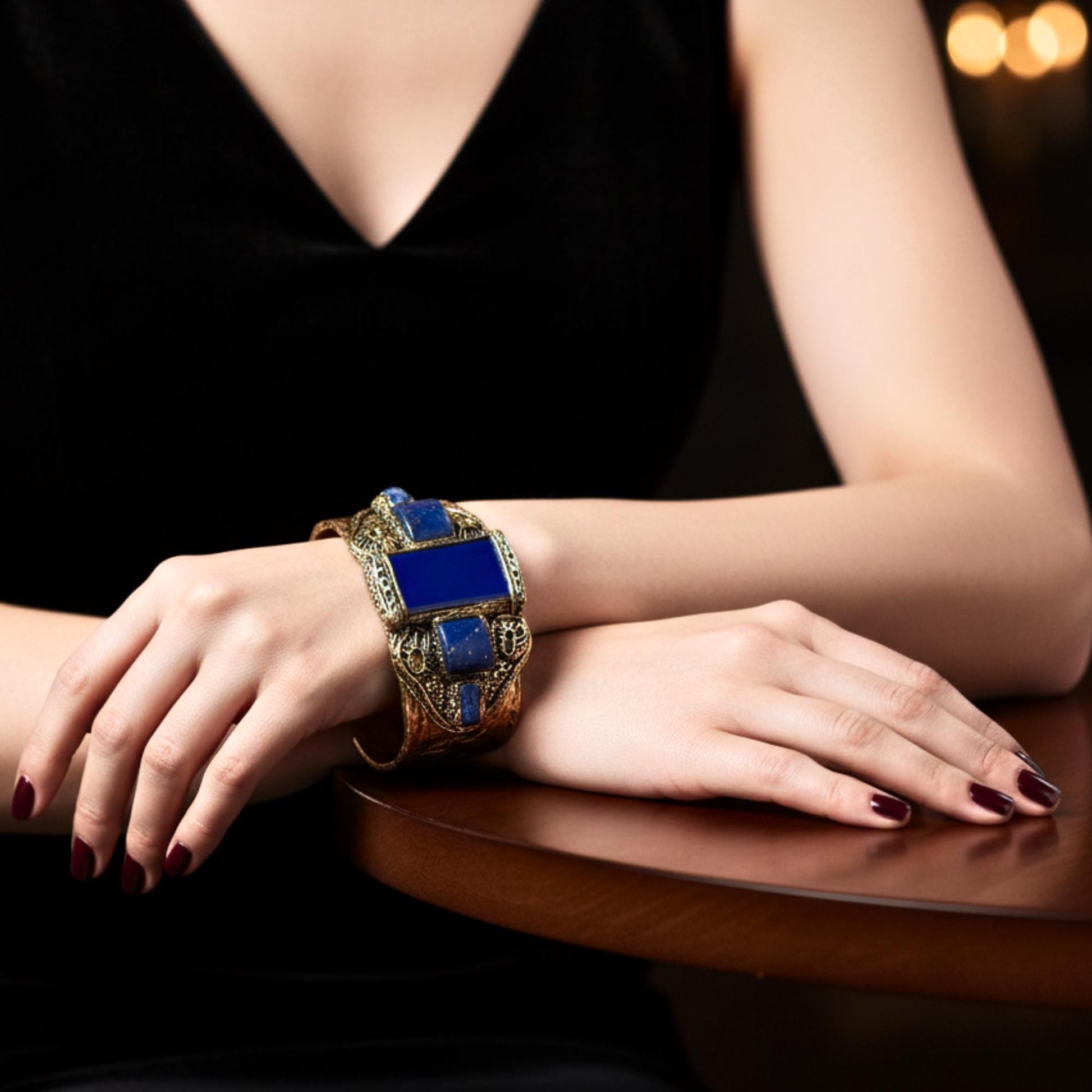 Lapis Lazuli Gemstone Wide Bracelet - Statement Blue Stone Cuff