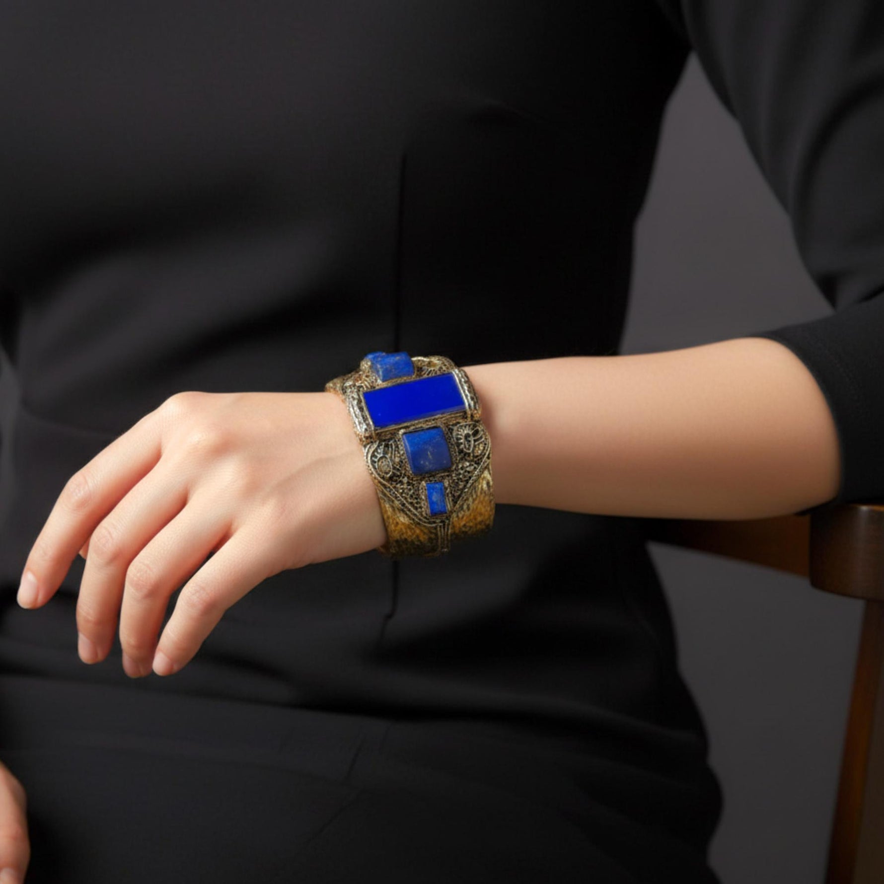 Lapis Lazuli Gemstone Wide Bracelet - Statement Blue Stone Cuff