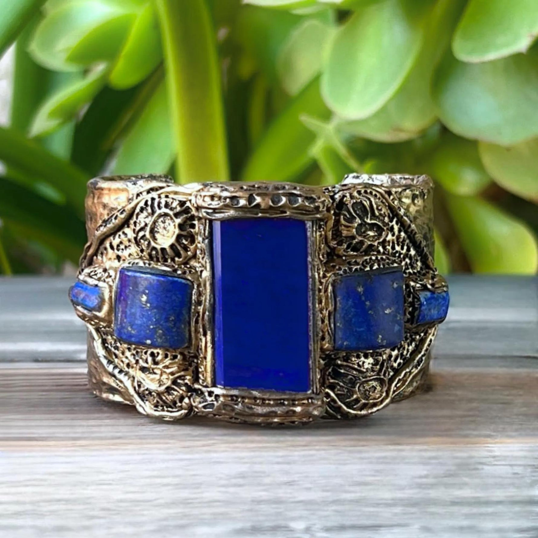 Lapis Lazuli Gemstone Wide Bracelet - Statement Blue Stone Cuff