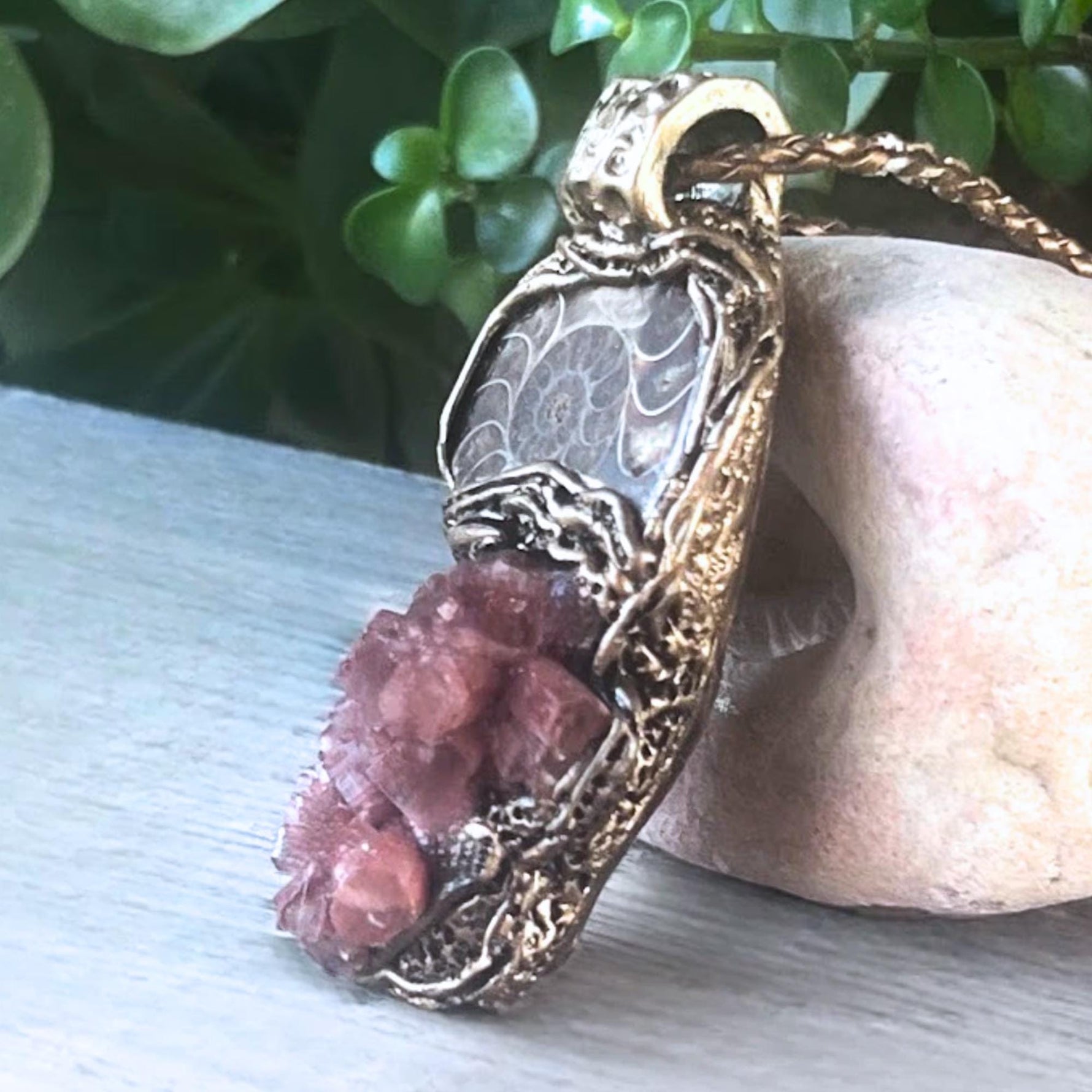 Ammonite Fossil and Aragonite Pendant -  Natural Earth Stone Amulet Jewelry