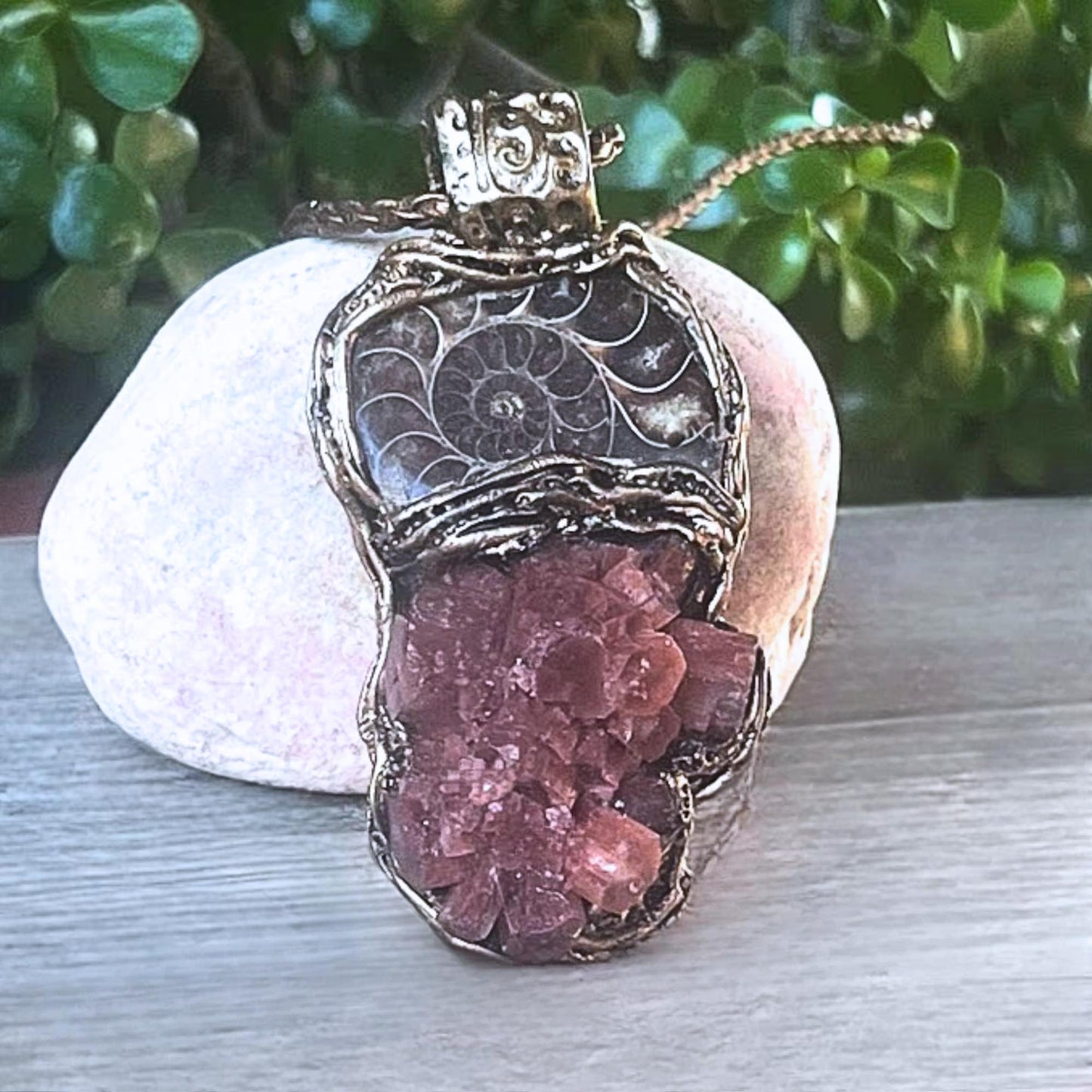 Ammonite Fossil and Aragonite Pendant -  Natural Earth Stone Amulet Jewelry