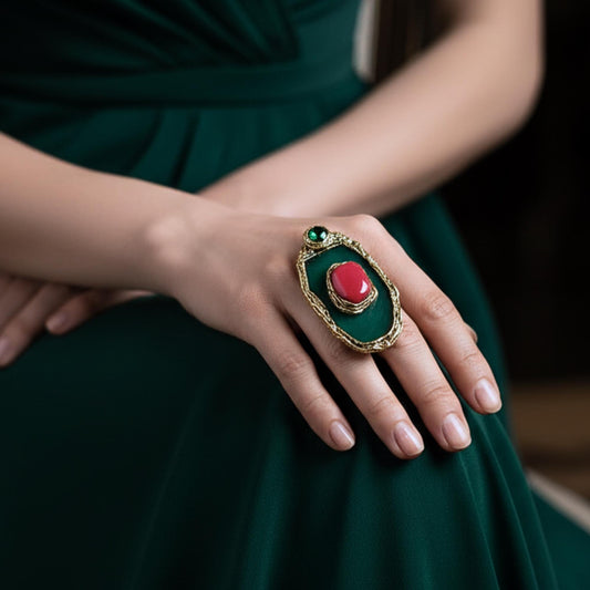 Green Agate and Red Coral Chunky Ring -  Oversized Statement Cocktail Ring