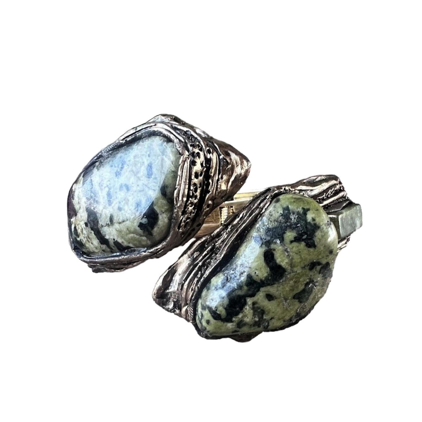 Serpentine and Jade Green Stone Chunky Bracelet -  Hinged Wide Cuff