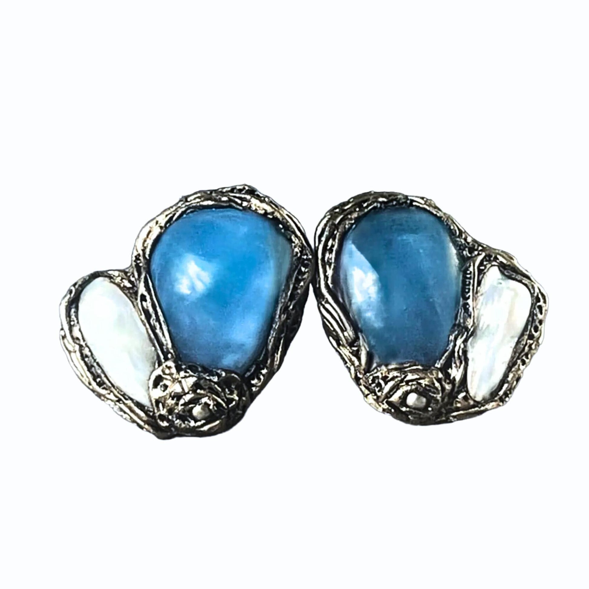 Aquamarine and Pearl Gemstone Earrings -  Light Blue Statement Clip-On Earrings