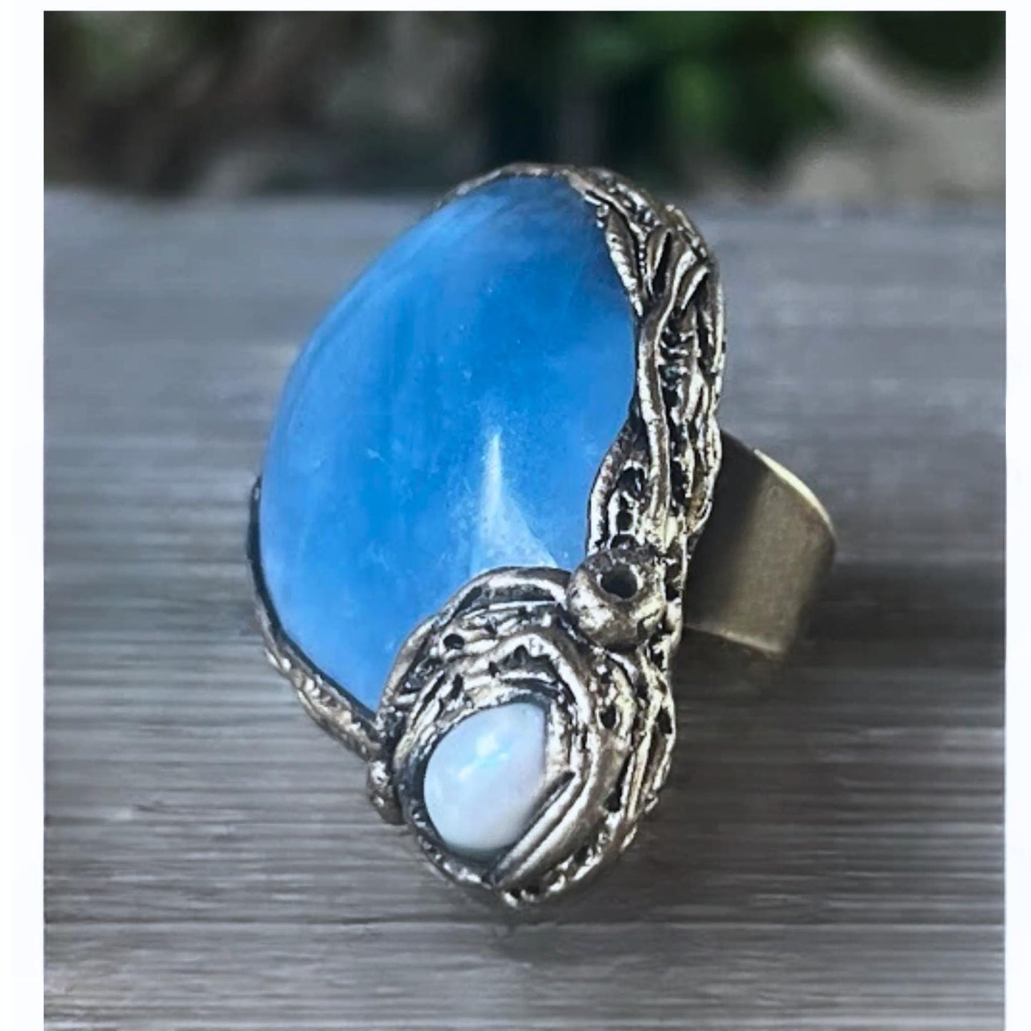Aquamarine and Pearl Chunky Modern Ring -  Oversized Blue Teardrop Cocktail Ring