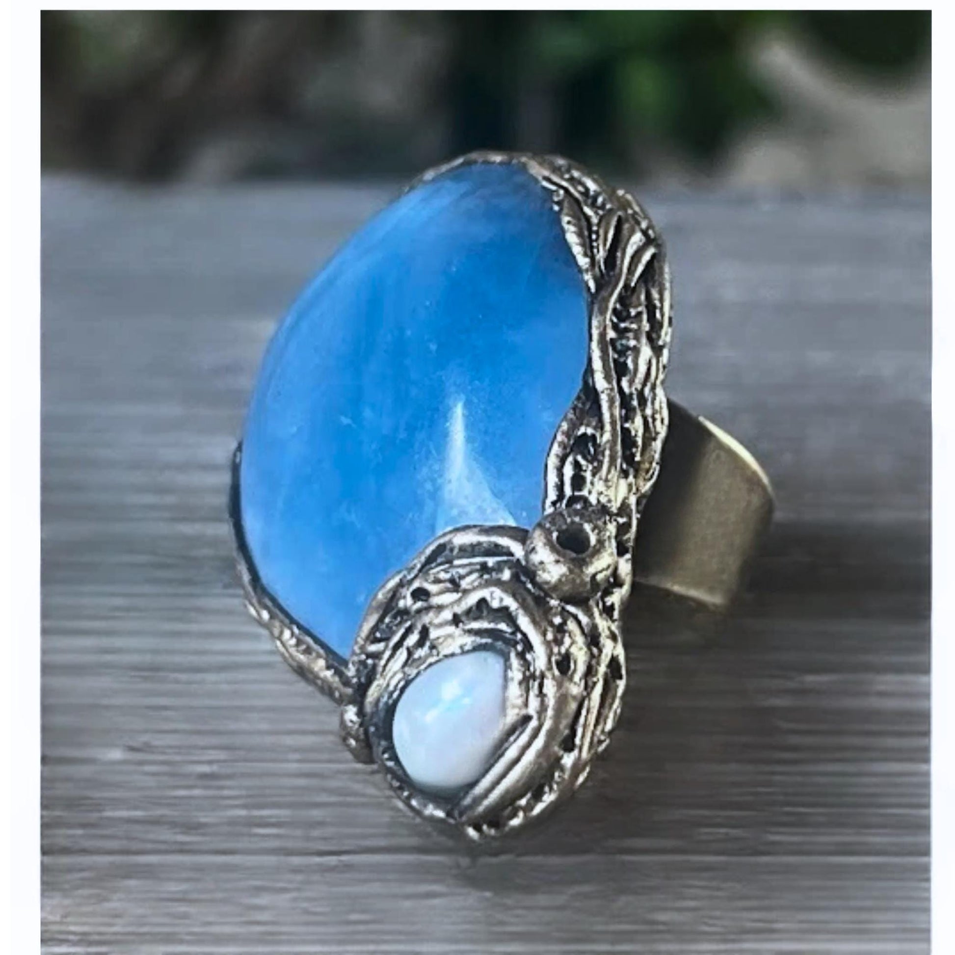 Aquamarine and Pearl Chunky Modern Ring -  Oversized Blue Teardrop Cocktail Ring