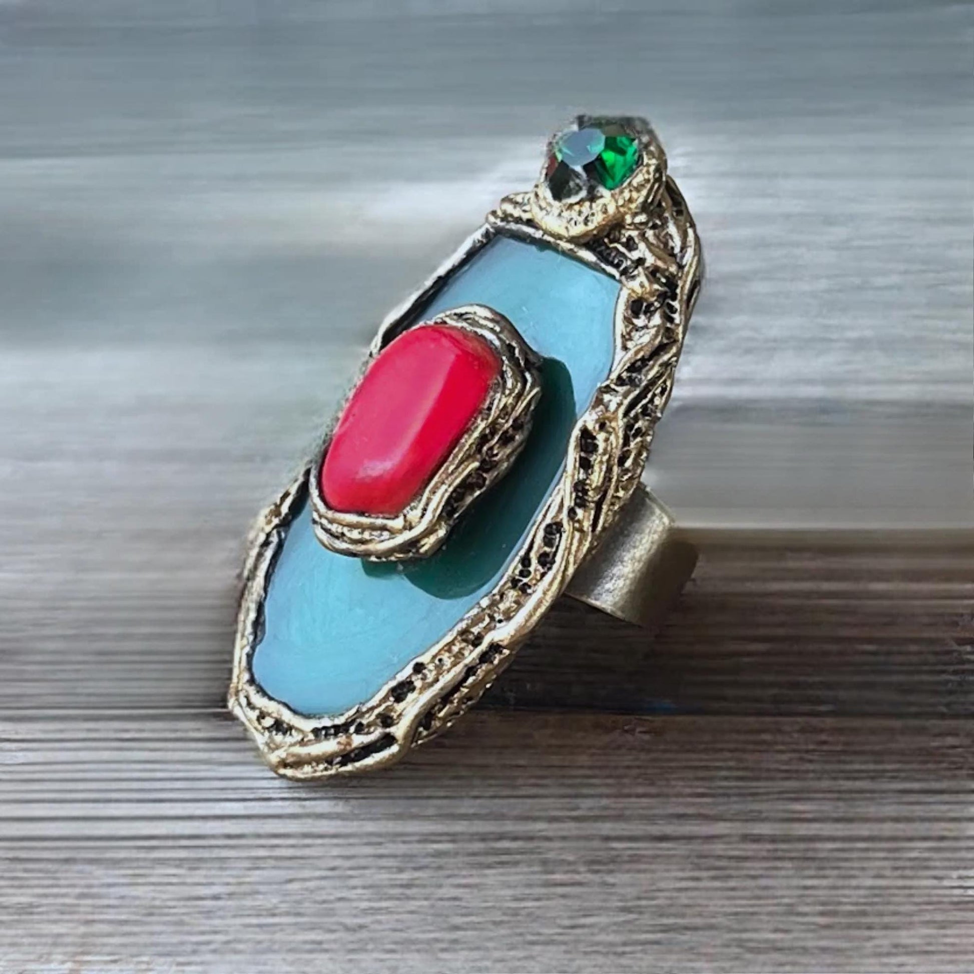 Green Agate and Red Coral Chunky Ring -  Oversized Statement Cocktail Ring